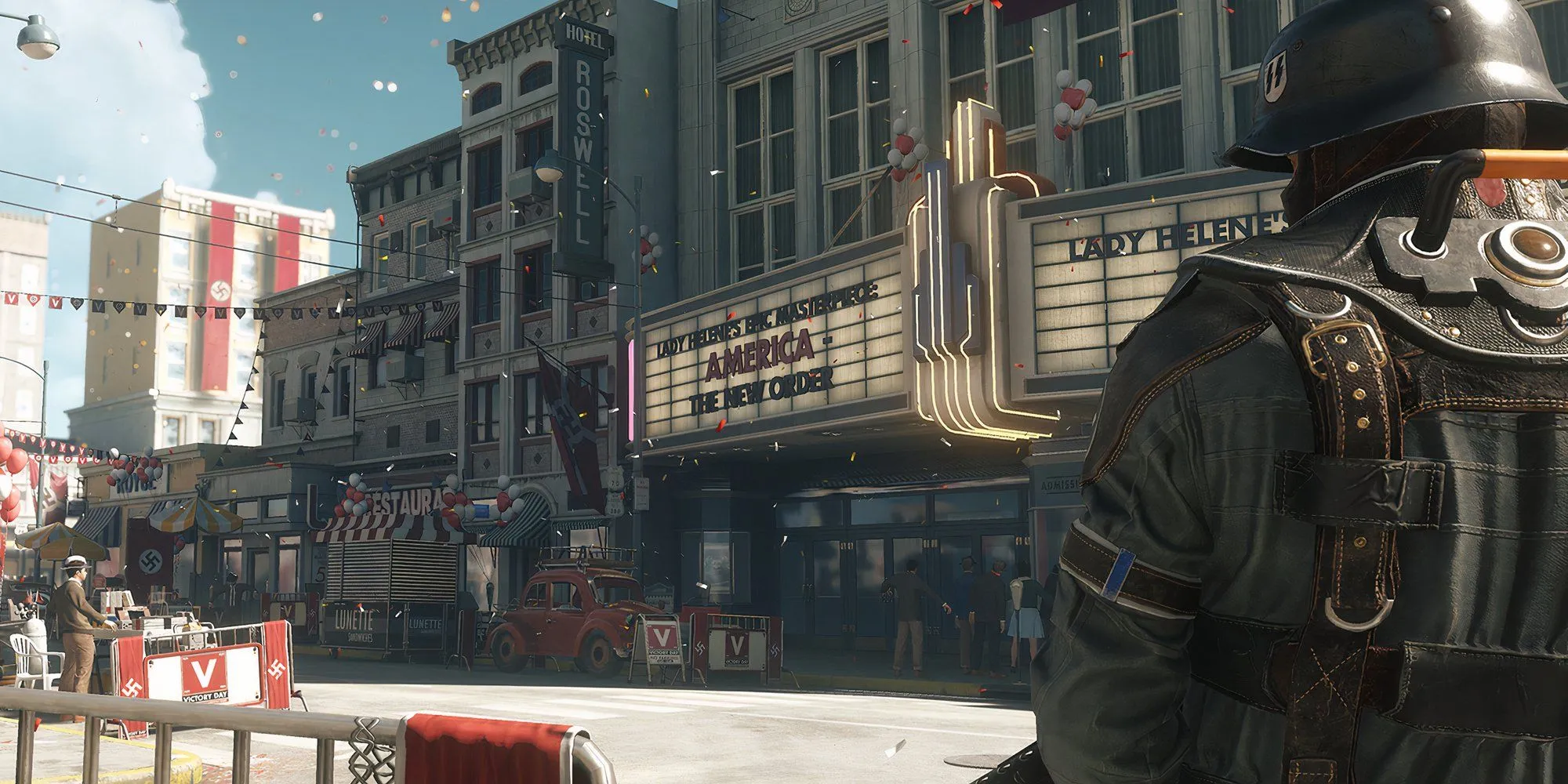 William B.J. Blazkowicz, nhân vật chính của Wolfenstein II: The New Colossus, đứng ngoài trời