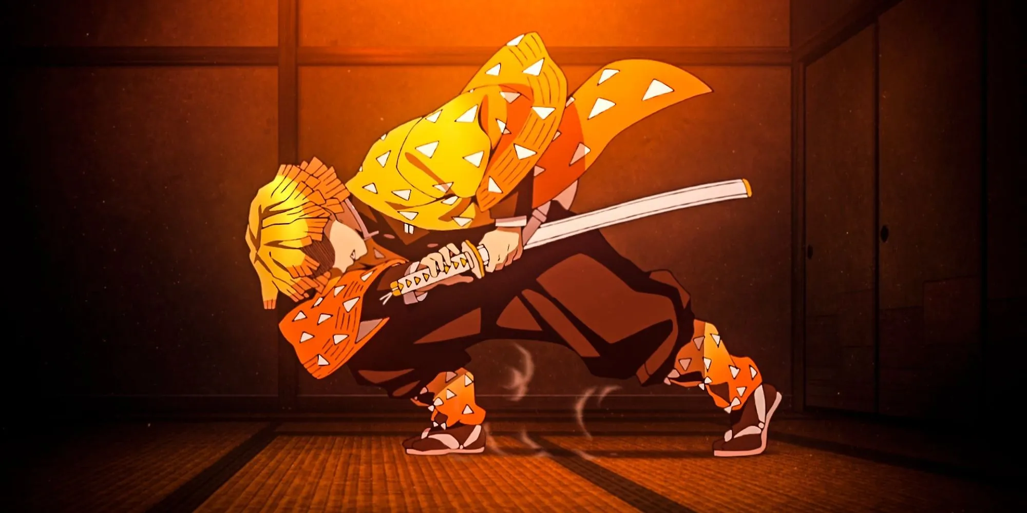 Zenitsu Agatsuma chuẩn bị rút kiếm katana trong Demon Slayer