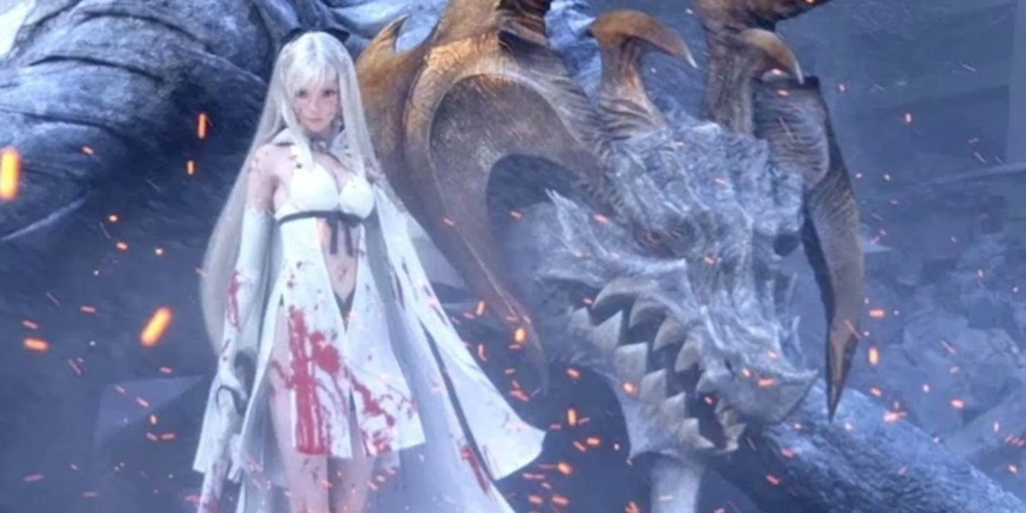 Zero và rồng Mikhail tấn công kẻ địch trong cảnh chiến đấu trên không của Drakengard 3