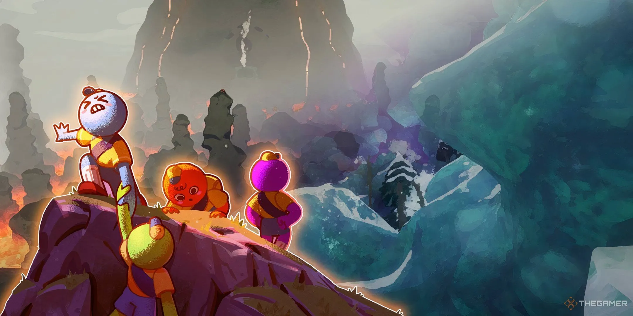 Ảnh bìa game Peak với nhóm người leo núi, thể hiện tinh thần hợp tác và chia sẻ gánh nặng trong game co-op.