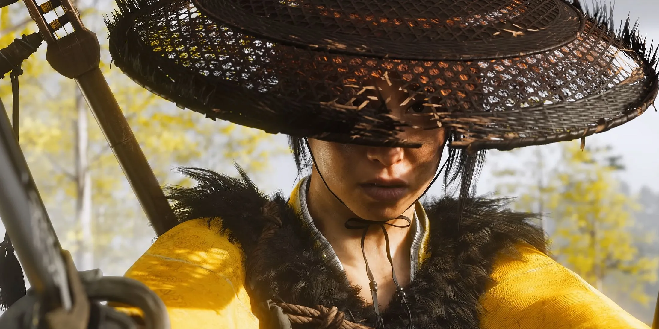 Atsu, nhân vật chính Ghost of Yotei, xuất hiện trong cảnh chiến đấu với ánh sáng mờ ảo