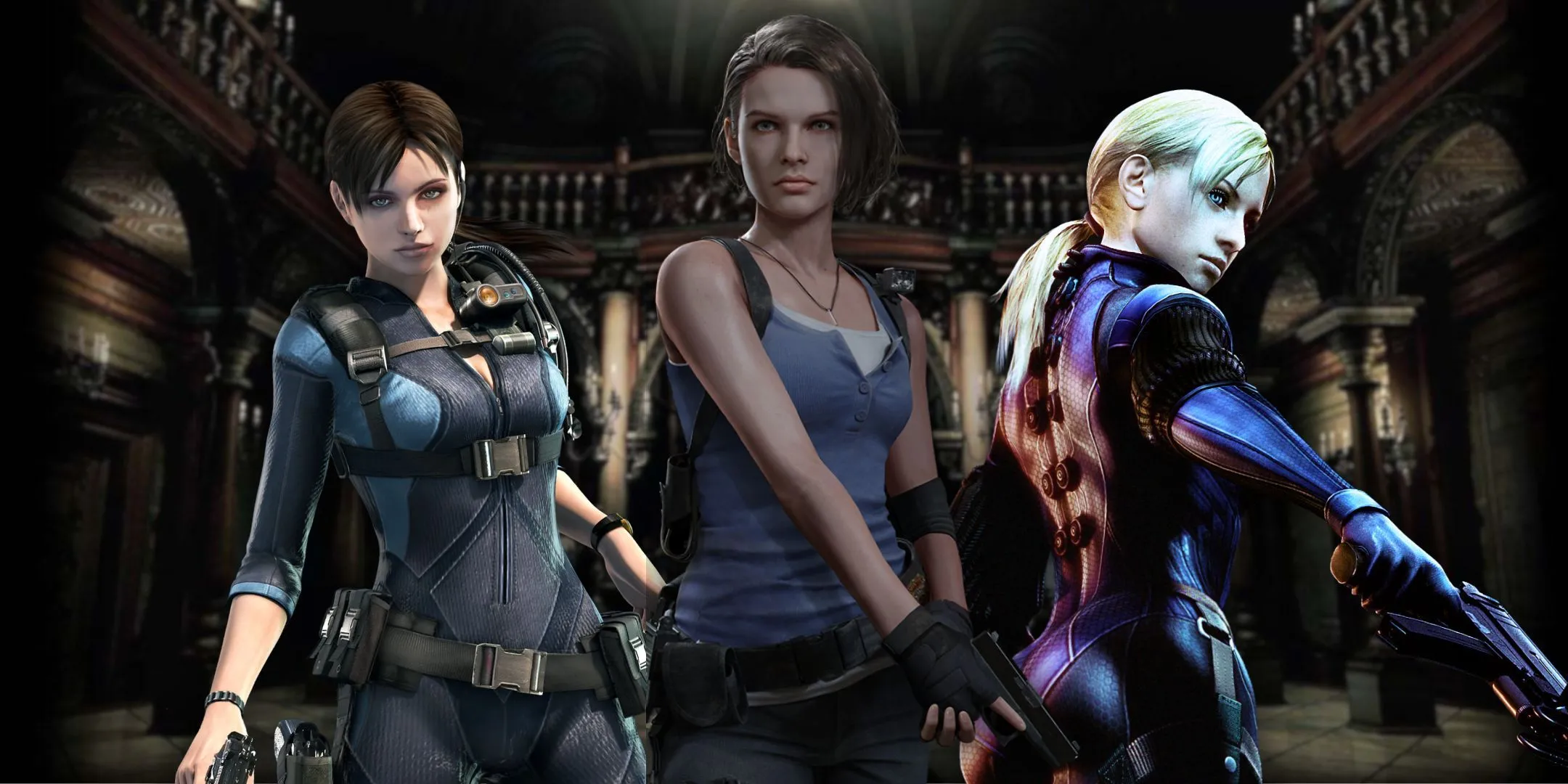 Ba hình ảnh của Jill Valentine với dinh thự Spencer trong series Resident Evil, minh họa các thiết kế nhân vật khác nhau