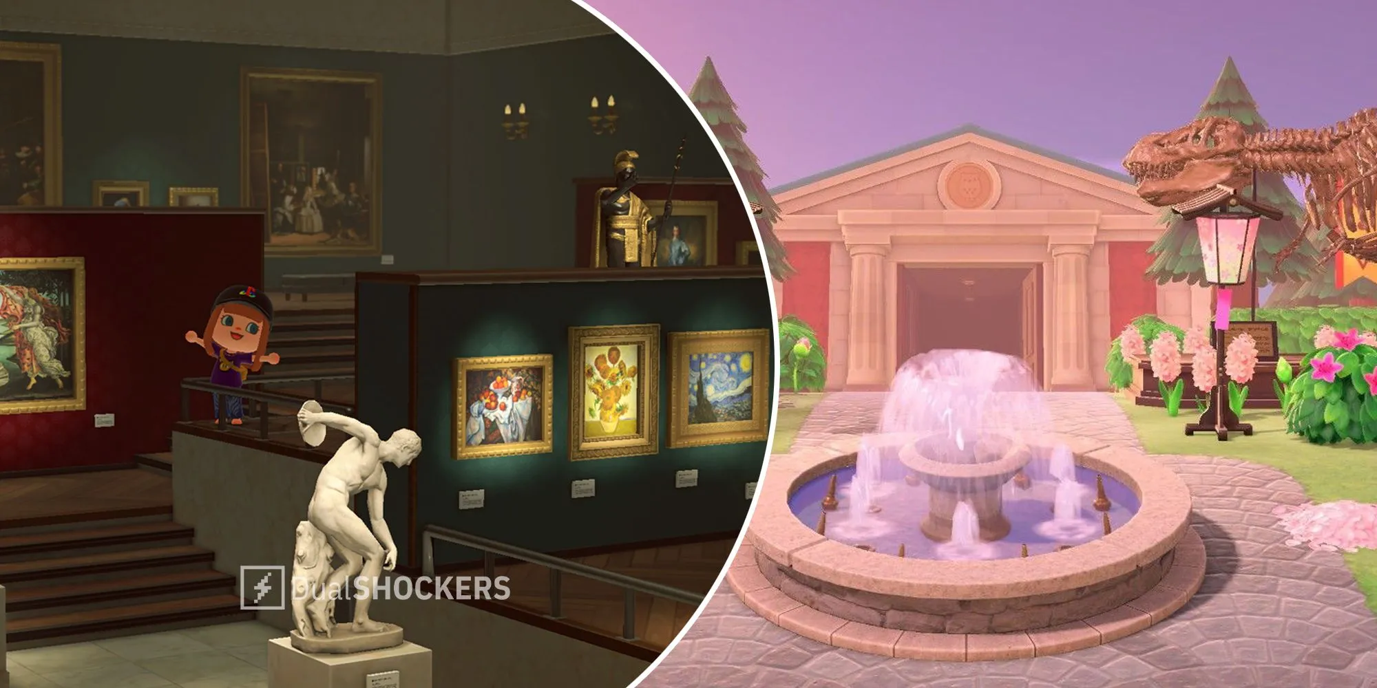 Bảo tàng trong Animal Crossing New Horizons với các bức tranh và tượng trưng bày ngoài trời, minh họa không gian nghệ thuật và trang trí