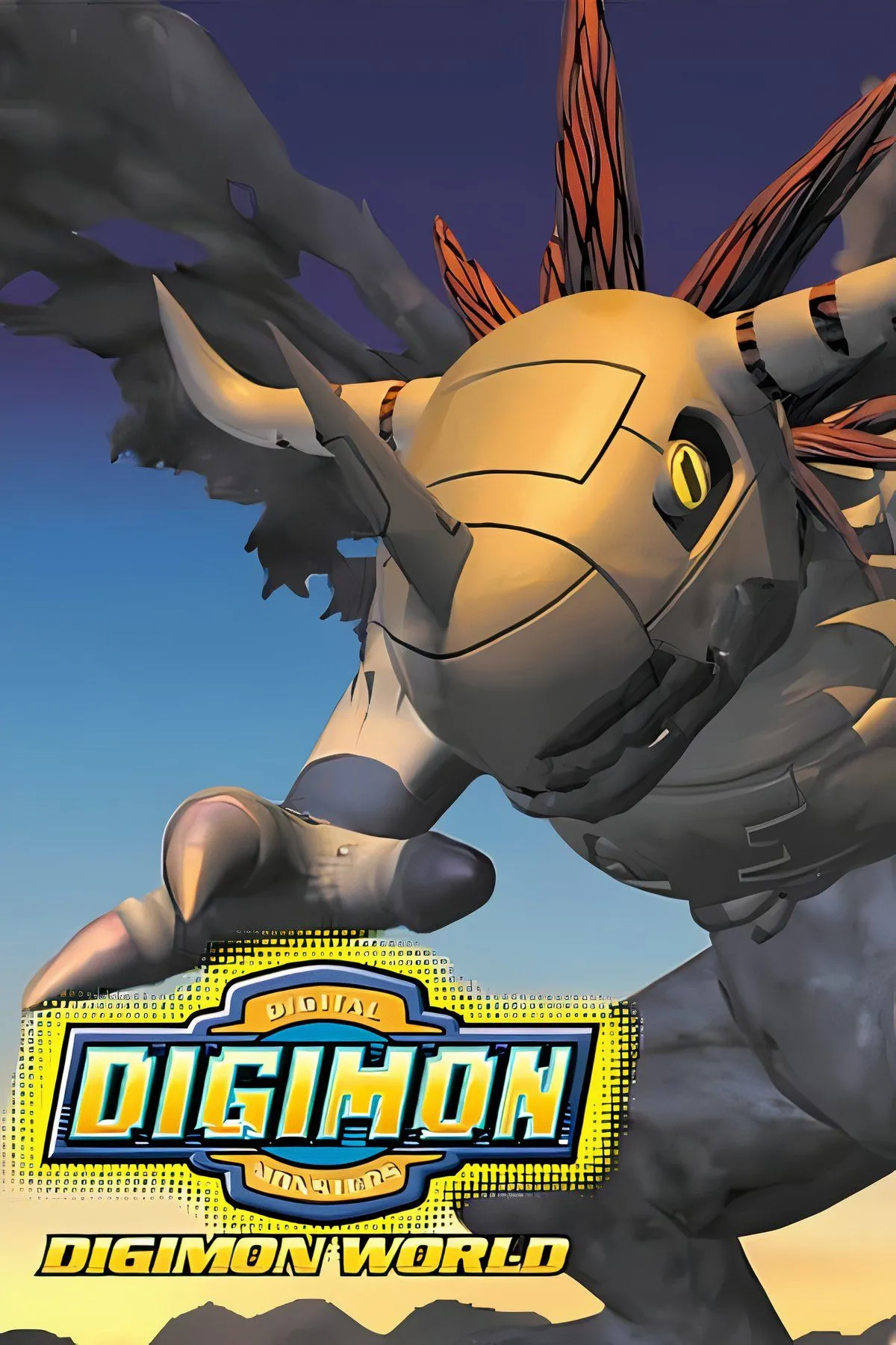Bìa đĩa game Digimon World, hiển thị nhân vật chính và các Digimon, minh họa thể loại mô phỏng nuôi thú và RPG