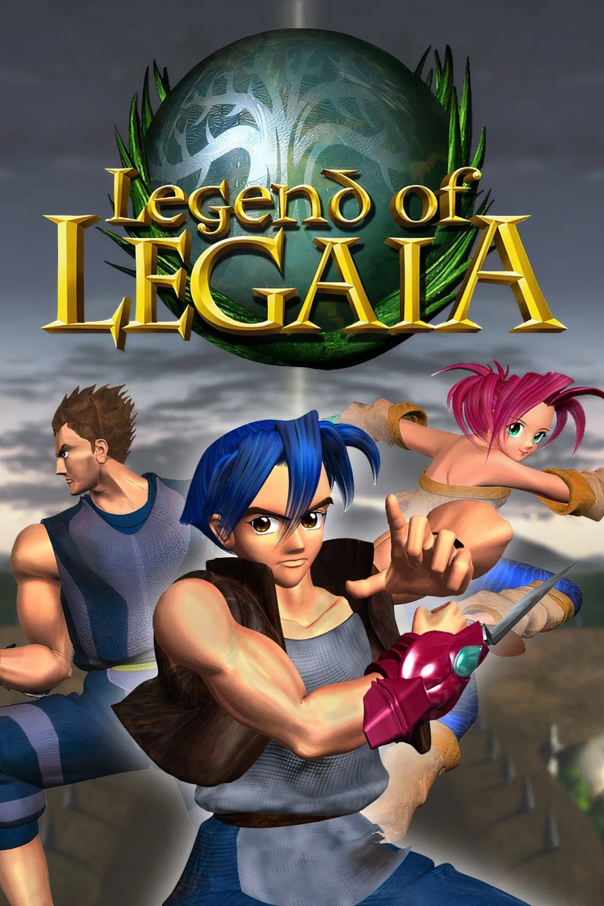 Bìa đĩa game Legend of Legaia, với ba nhân vật chính Vahn, Noa và Gala cùng một con quái vật, thể hiện yếu tố phiêu lưu JRPG