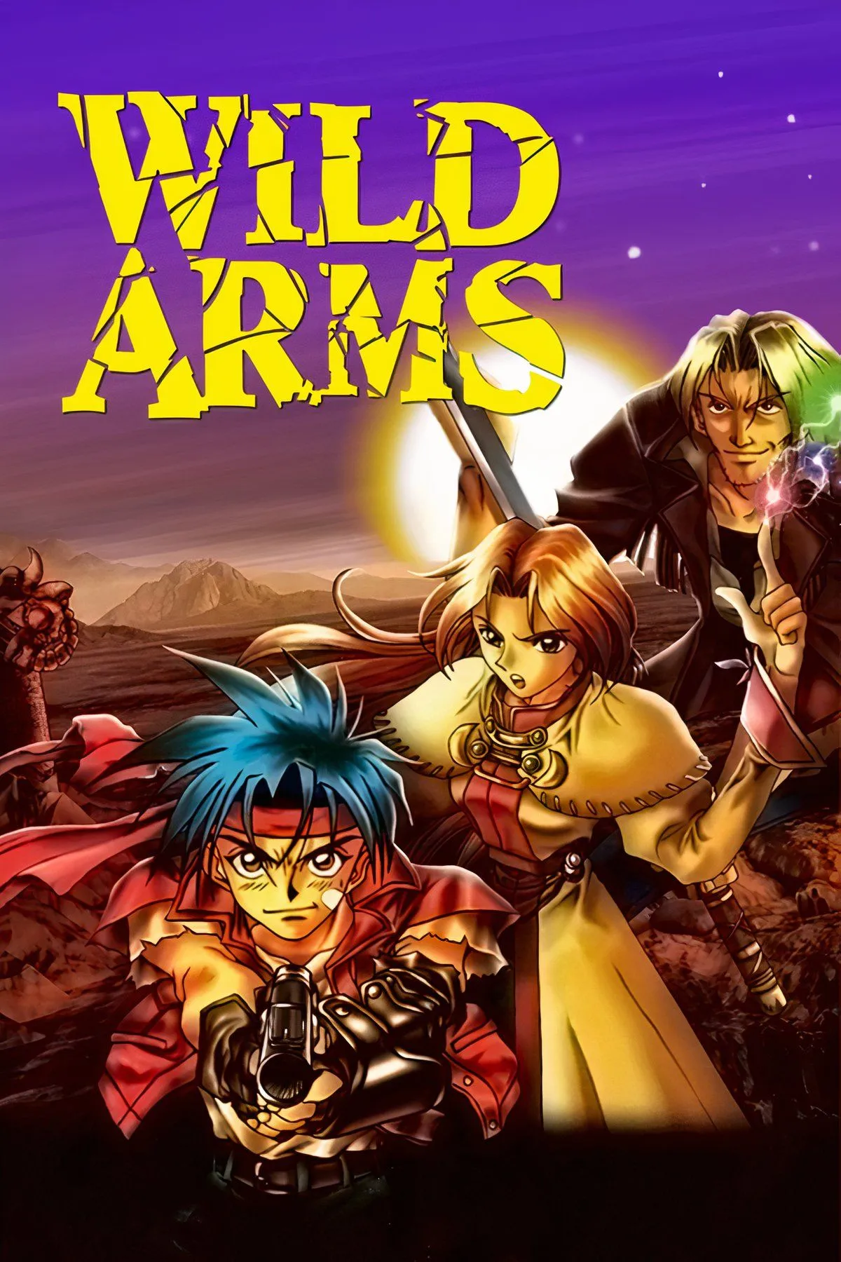 Bìa đĩa game Wild Arms, với hình ảnh các nhân vật chính và khung cảnh viễn tây pha lẫn giả tưởng, thể hiện sự kết hợp độc đáo của JRPG