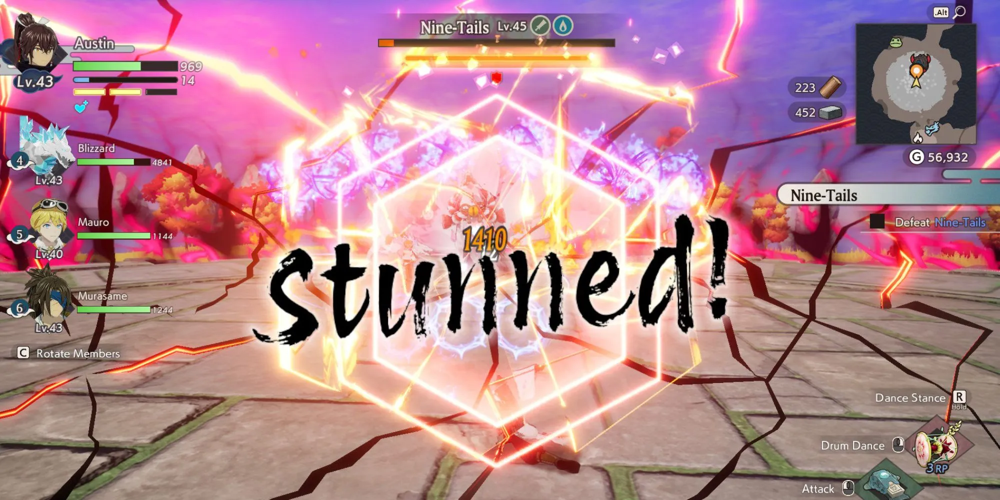 Boss Cửu Vĩ Hồ bị choáng (stun) trong Rune Factory Guardians of Azuma, minh họa cơ chế chiến đấu trọng tâm.