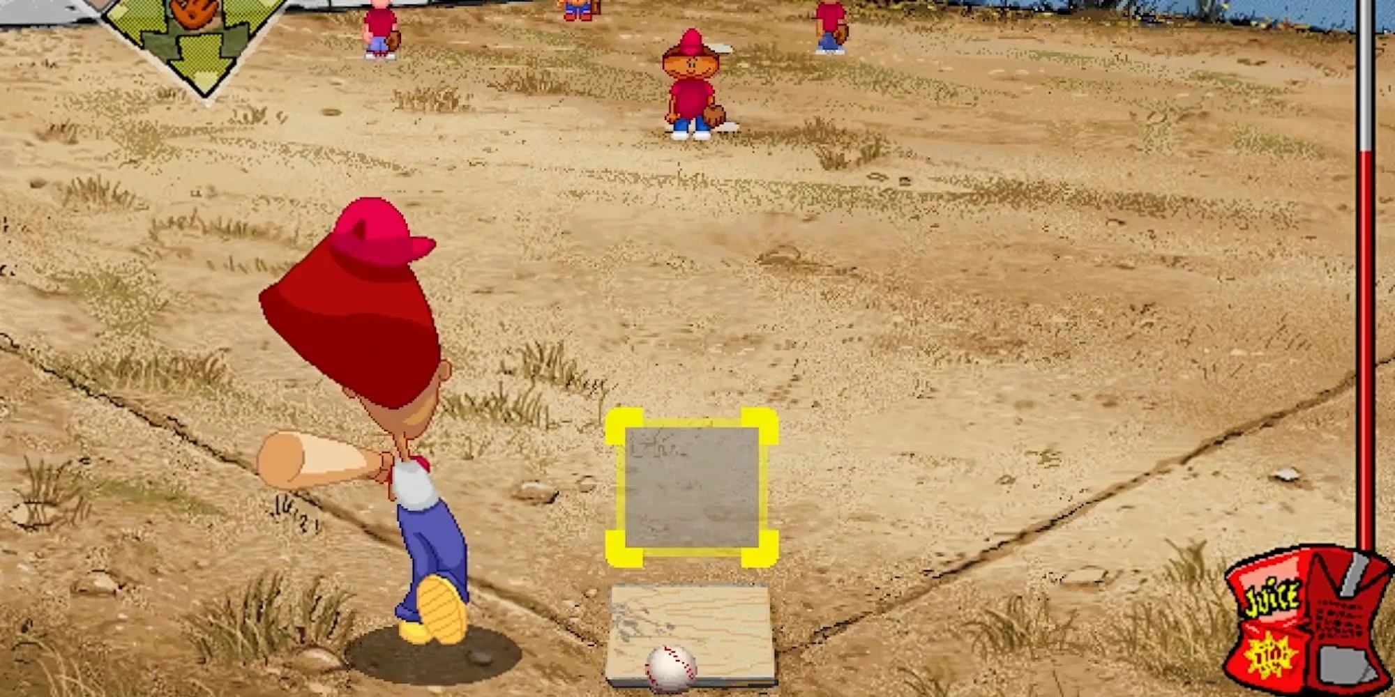Cảnh cầu thủ nhí đang đánh bóng trong game Backyard Baseball 2001, tái hiện lối chơi bóng chày vui nhộn, hoài niệm