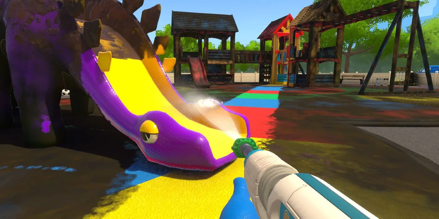 Cảnh tượng trong tựa game PowerWash Simulator, nơi người chơi làm sạch một sân chơi bị bám đầy sơn.