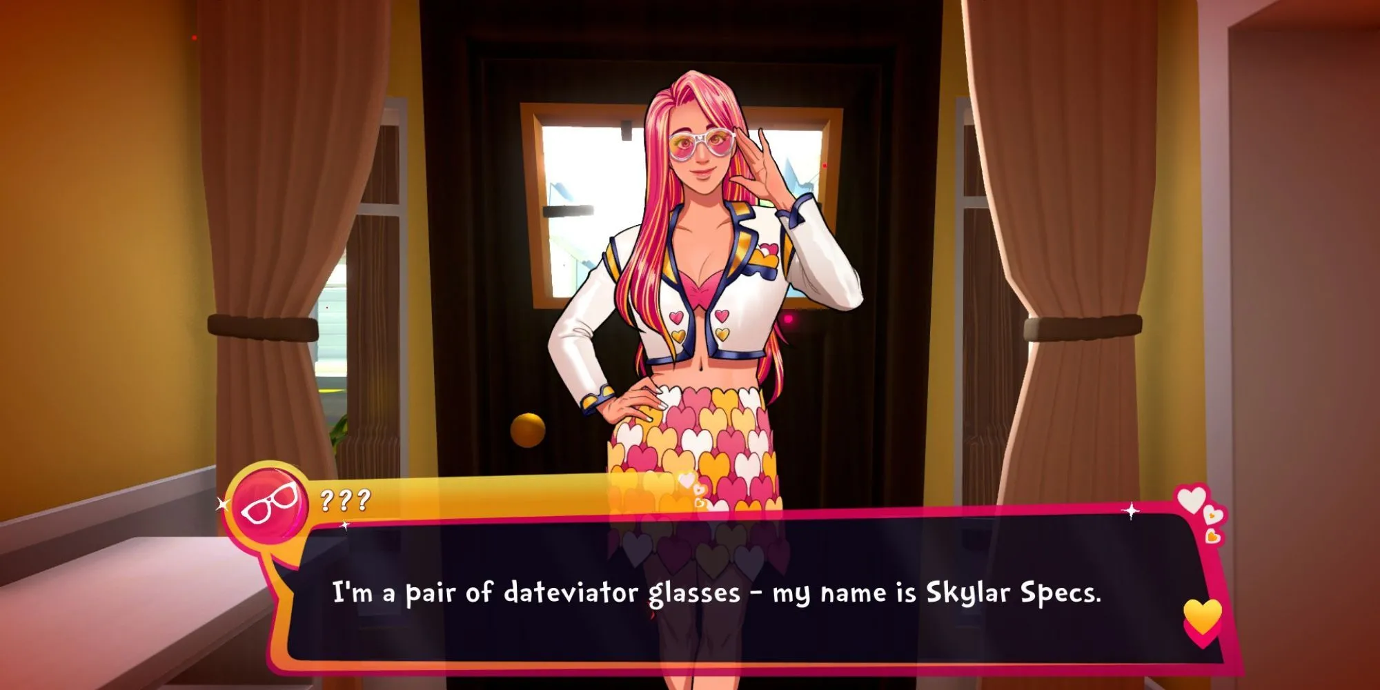 Cô gái tóc hồng Skyler đại diện cho kính Dateviator trong game Date Everything!