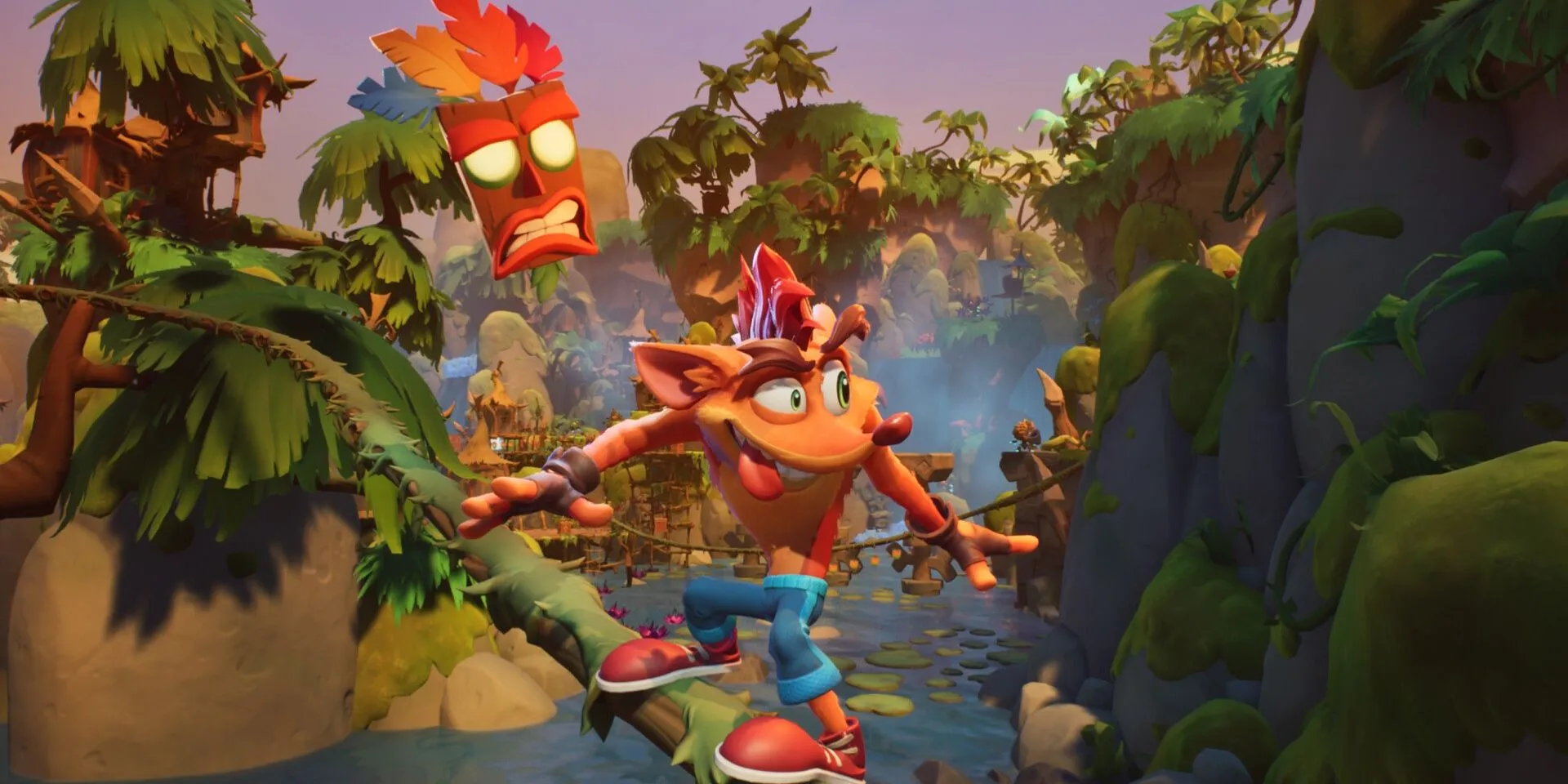 Crash Bandicoot đang trượt trên dây trong Crash Bandicoot 4: It’s About Time