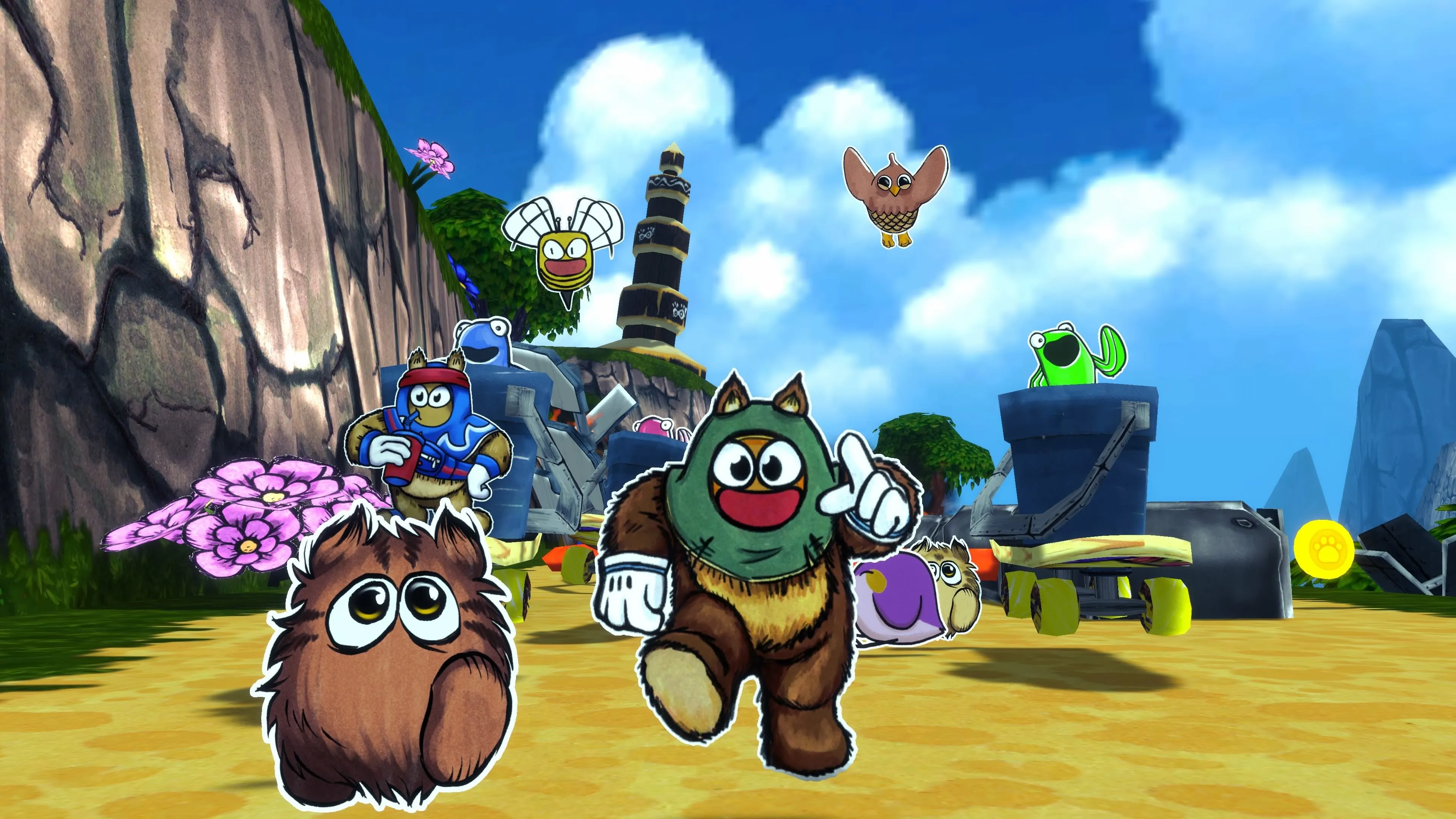 Dàn nhân vật đầy màu sắc trong game Ruffy and the Riverside, bao gồm cả Ruffy và người bạn Ong Pip