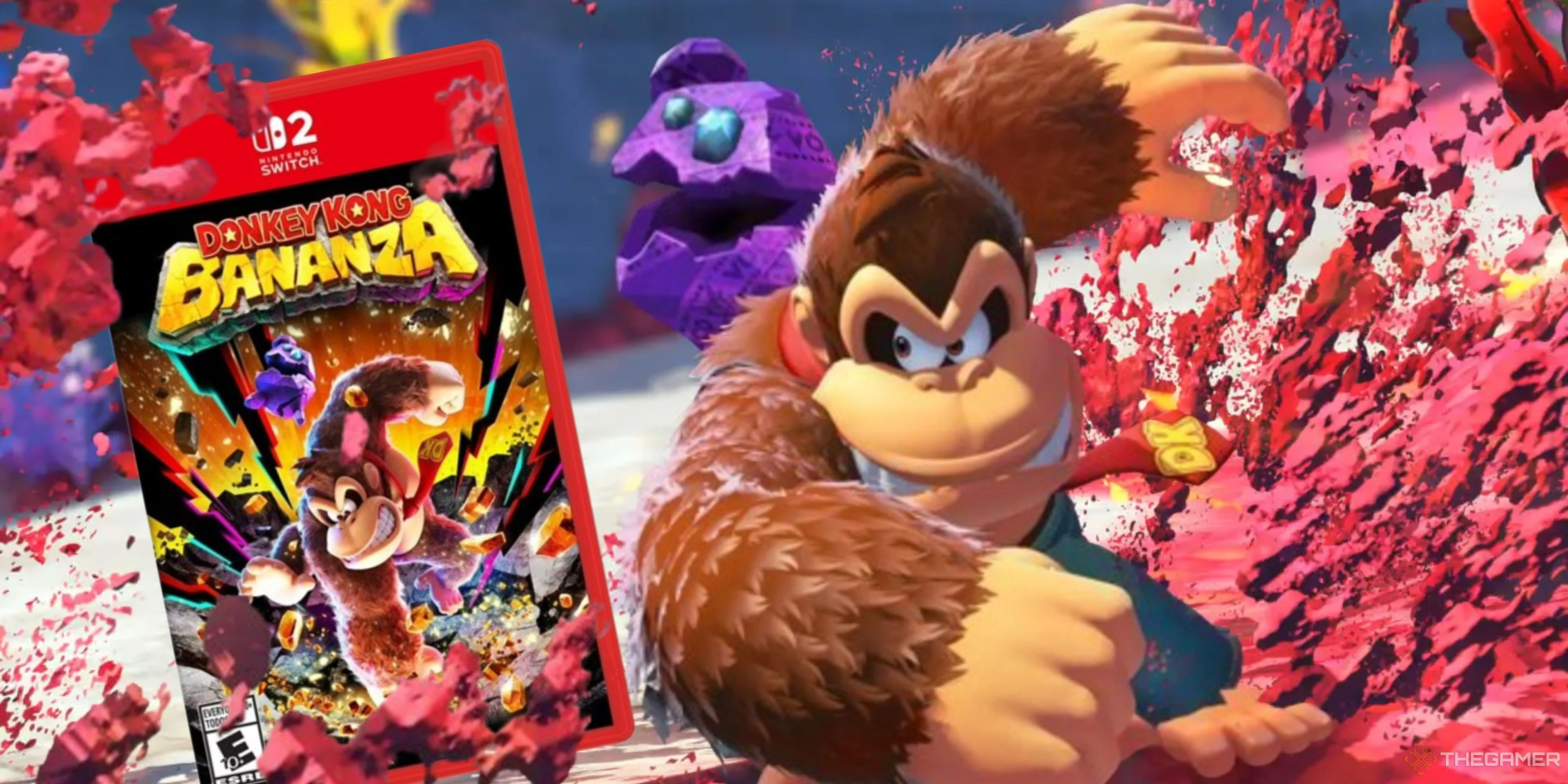 Donkey Kong đấm vào hộp game Bananza, thể hiện sức mạnh hủy diệt trong game.