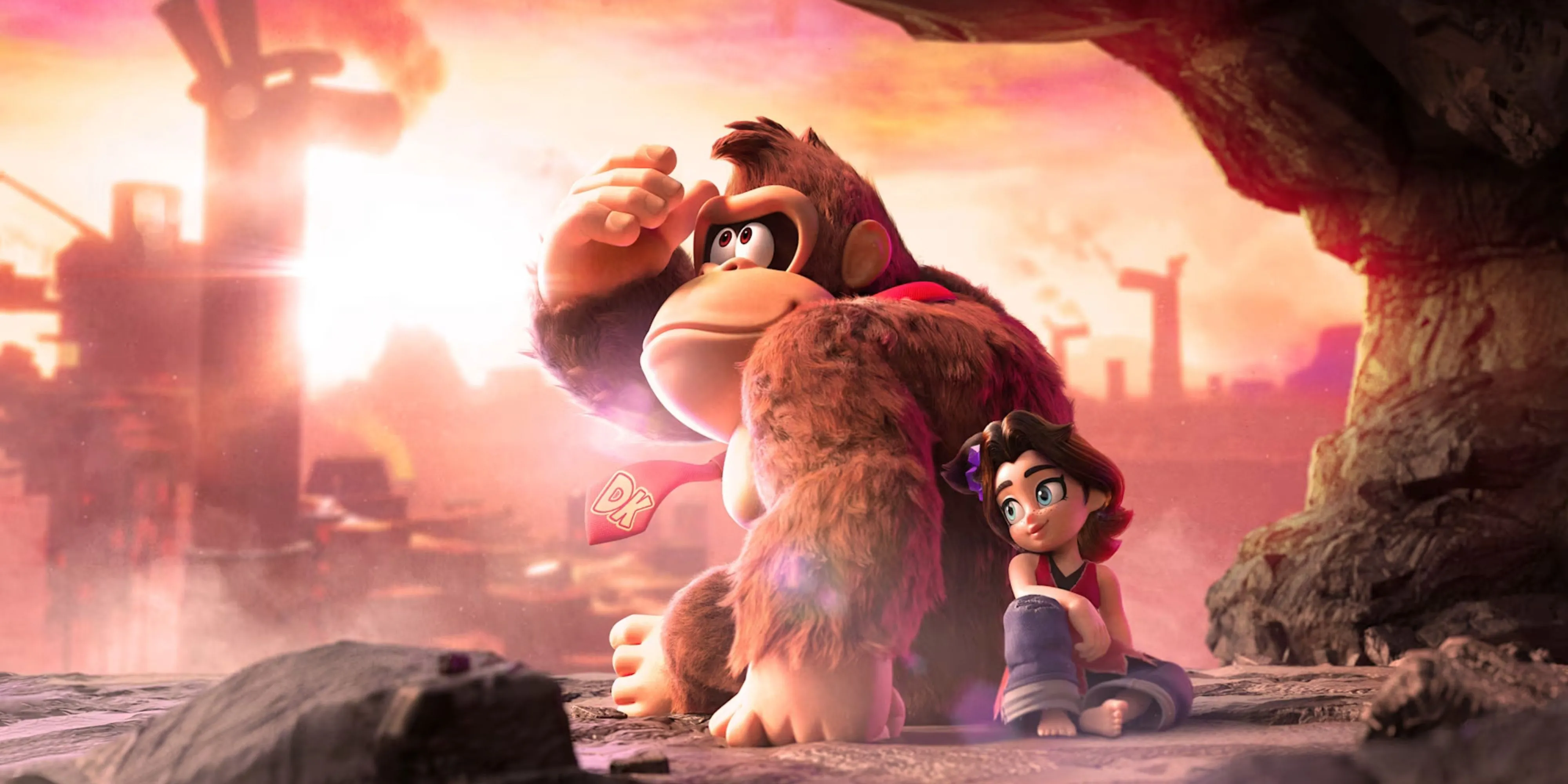 Donkey Kong và Pauline ngồi tựa lưng vào nhau trong một phân cảnh của game Bananza.