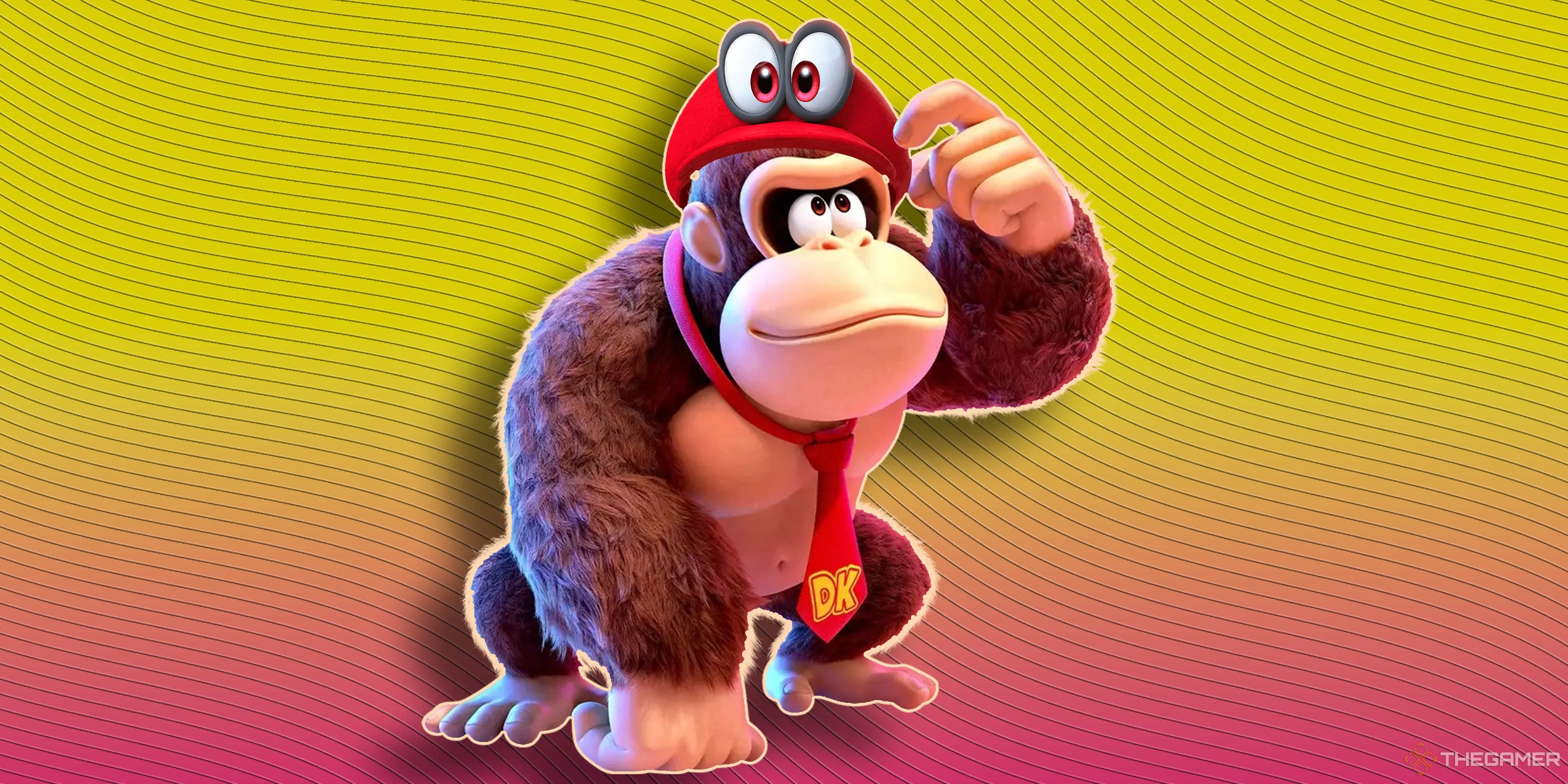 Donkey Kong với chiếc mũ Cappy của Mario Odyssey trong phong cách đồ họa Bananza mới