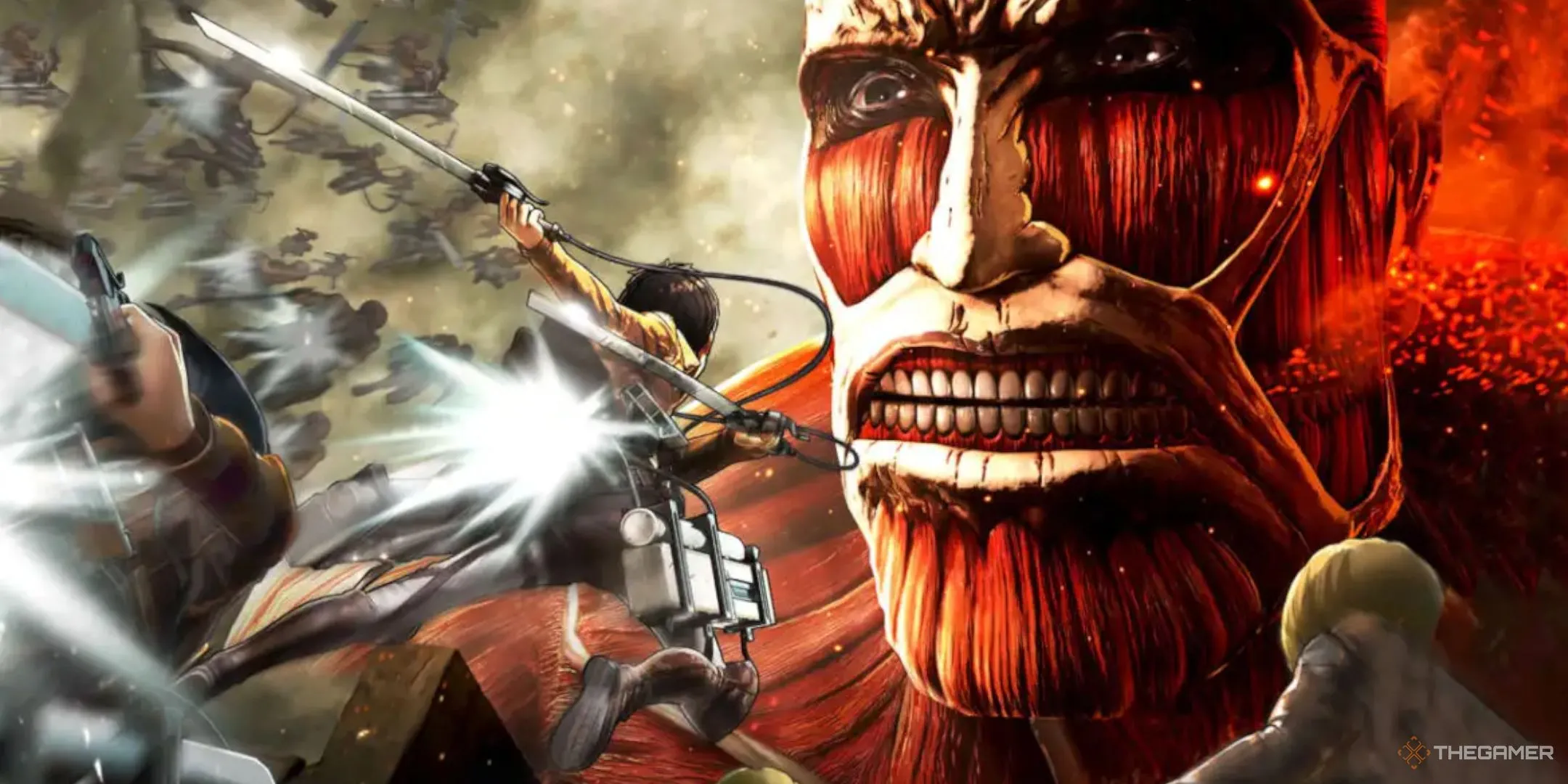 Erin sử dụng hệ thống cơ động đa hướng (ODM Gear) để tiếp cận Titan Khổng Lồ trong Attack On Titan: Wings Of Freedom, thể hiện khả năng di chuyển linh hoạt