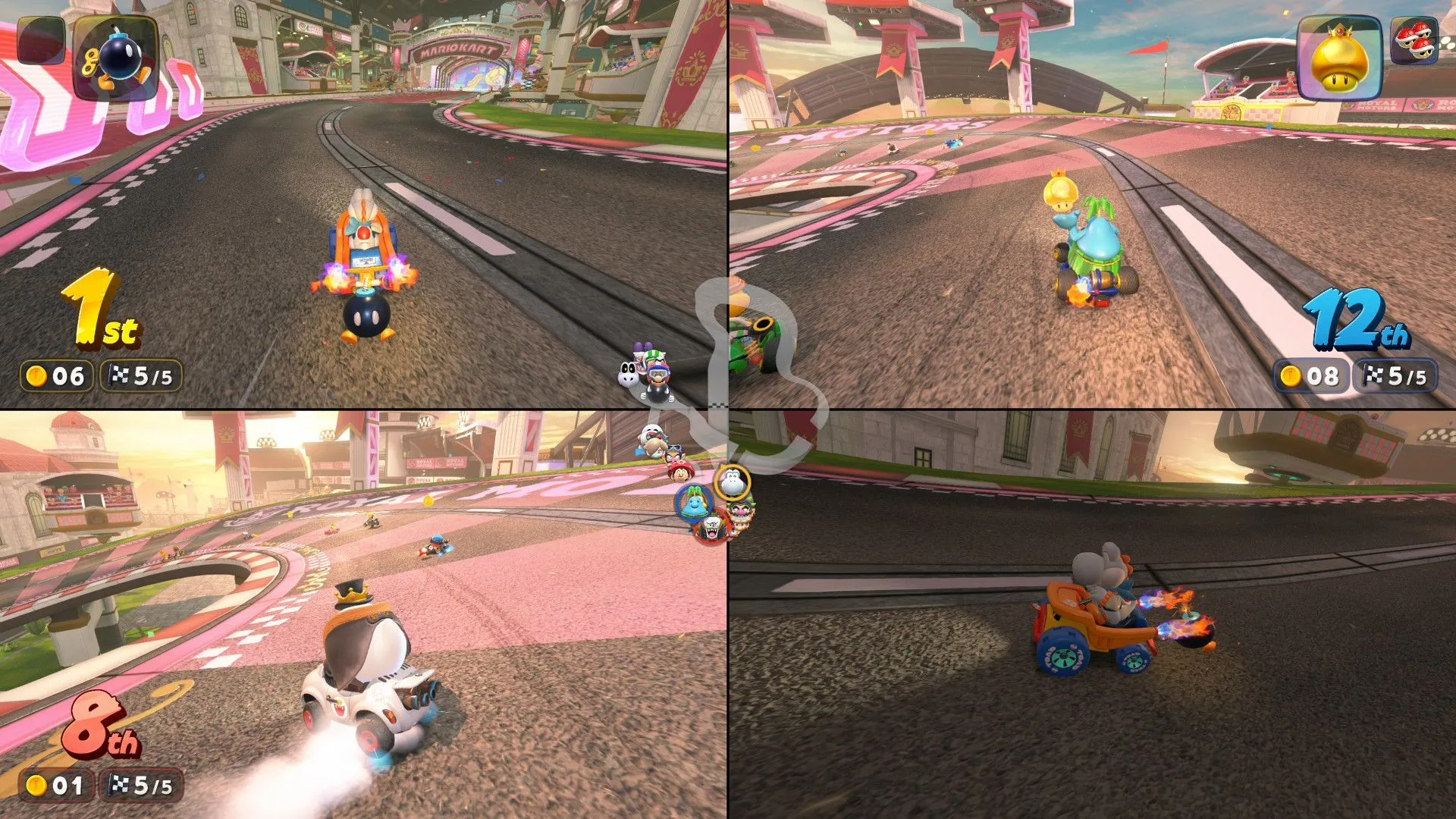 gameplay 24 người chơi trong Mario Kart World với nhiều nhân vật trên đường đua