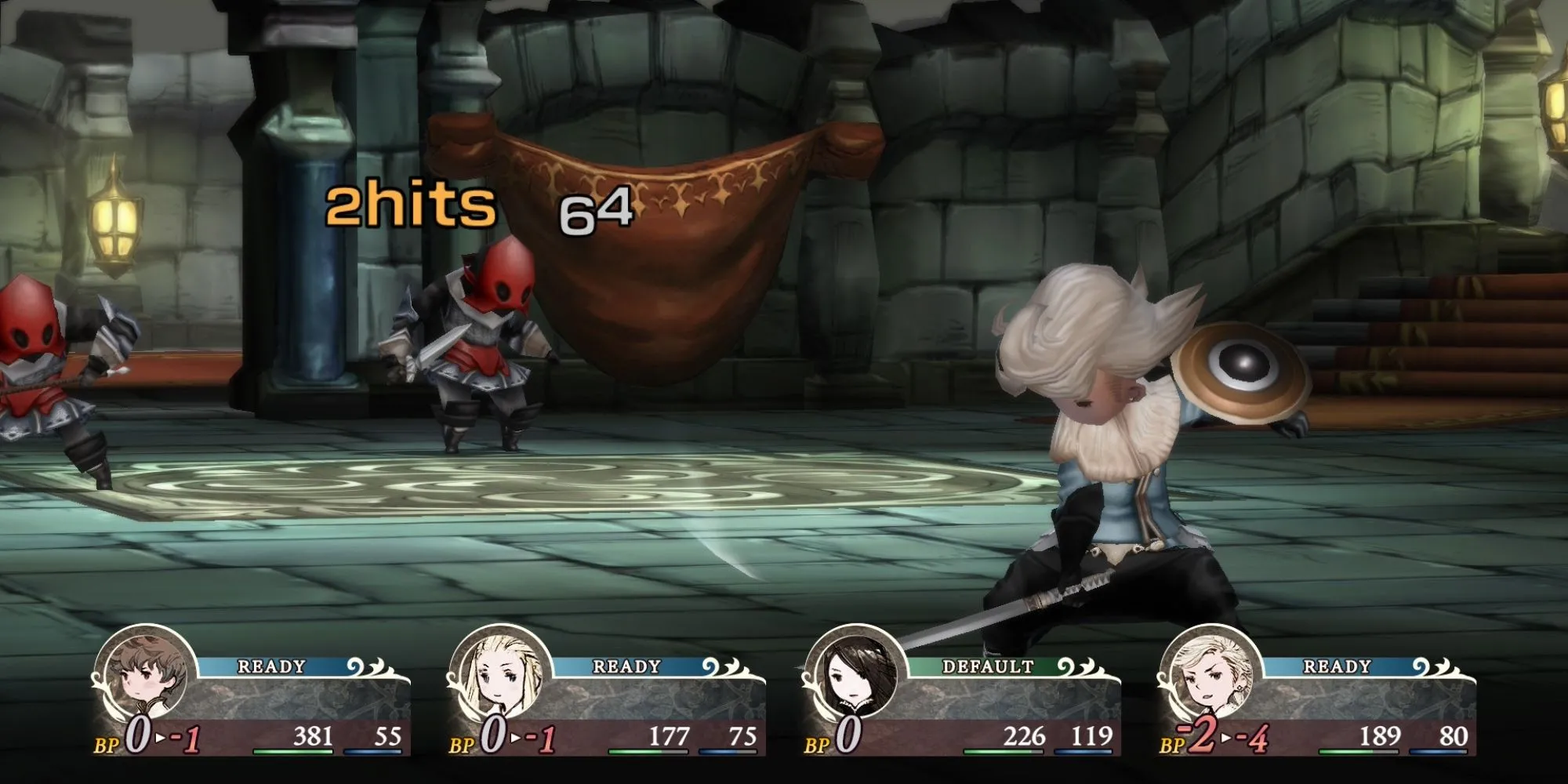 Giao diện chiến đấu chi tiết trong Bravely Default HD Remaster, hiển thị thông tin BP và các tùy chọn Brave/Default