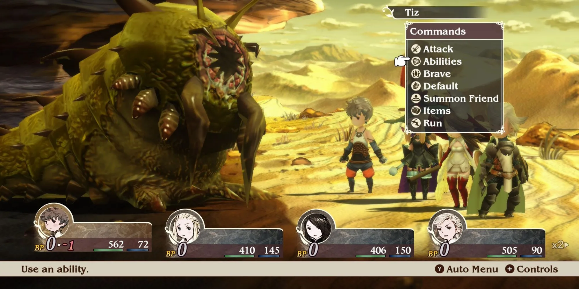 Giao diện chiến đấu trong Bravely Default Flying Fairy HD Remaster trên Nintendo Switch 2, cho thấy sự chuyển đổi sang một màn hình
