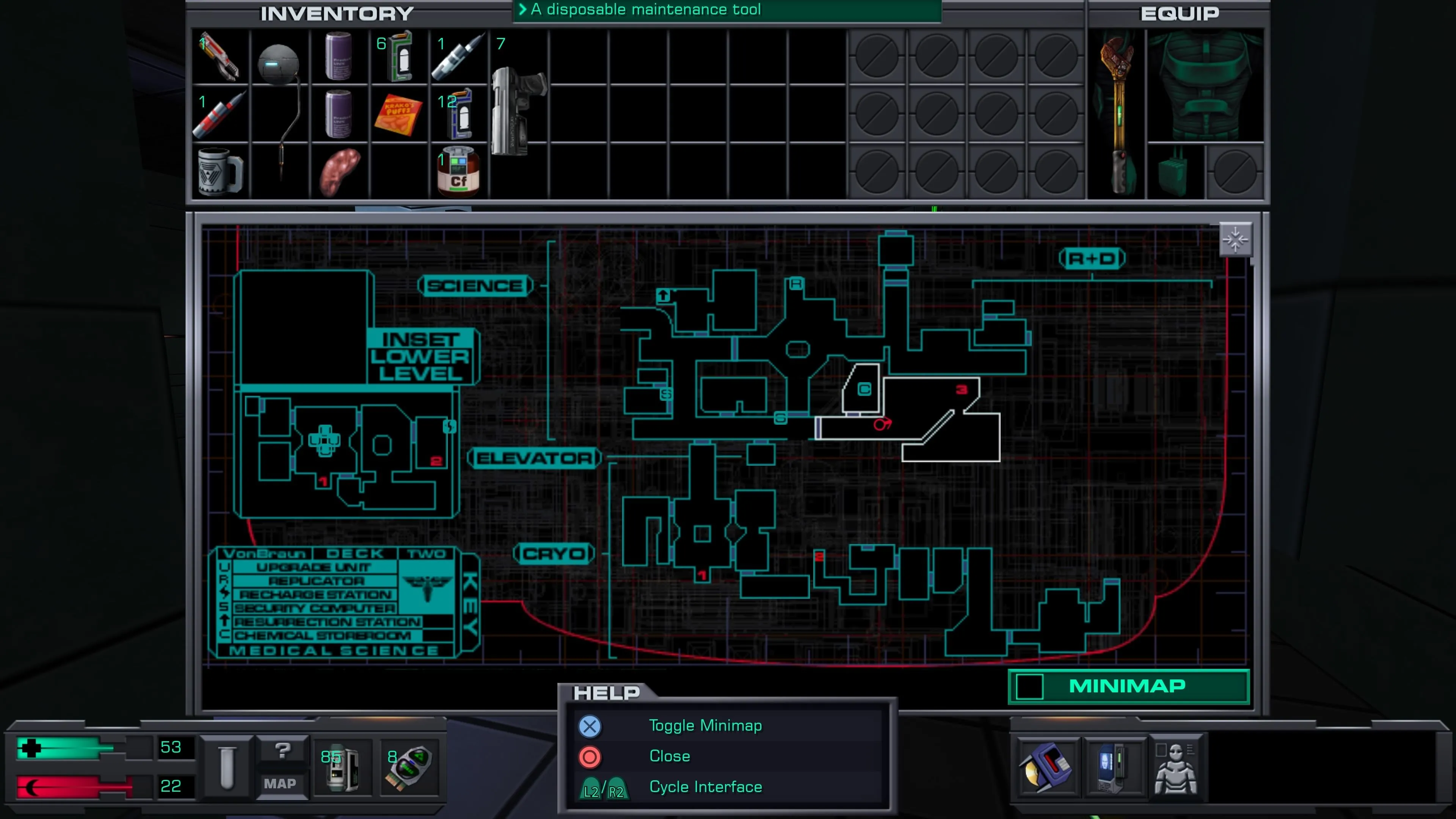 Giao diện menu và quản lý vật phẩm trong System Shock 2 vẫn còn phức tạp