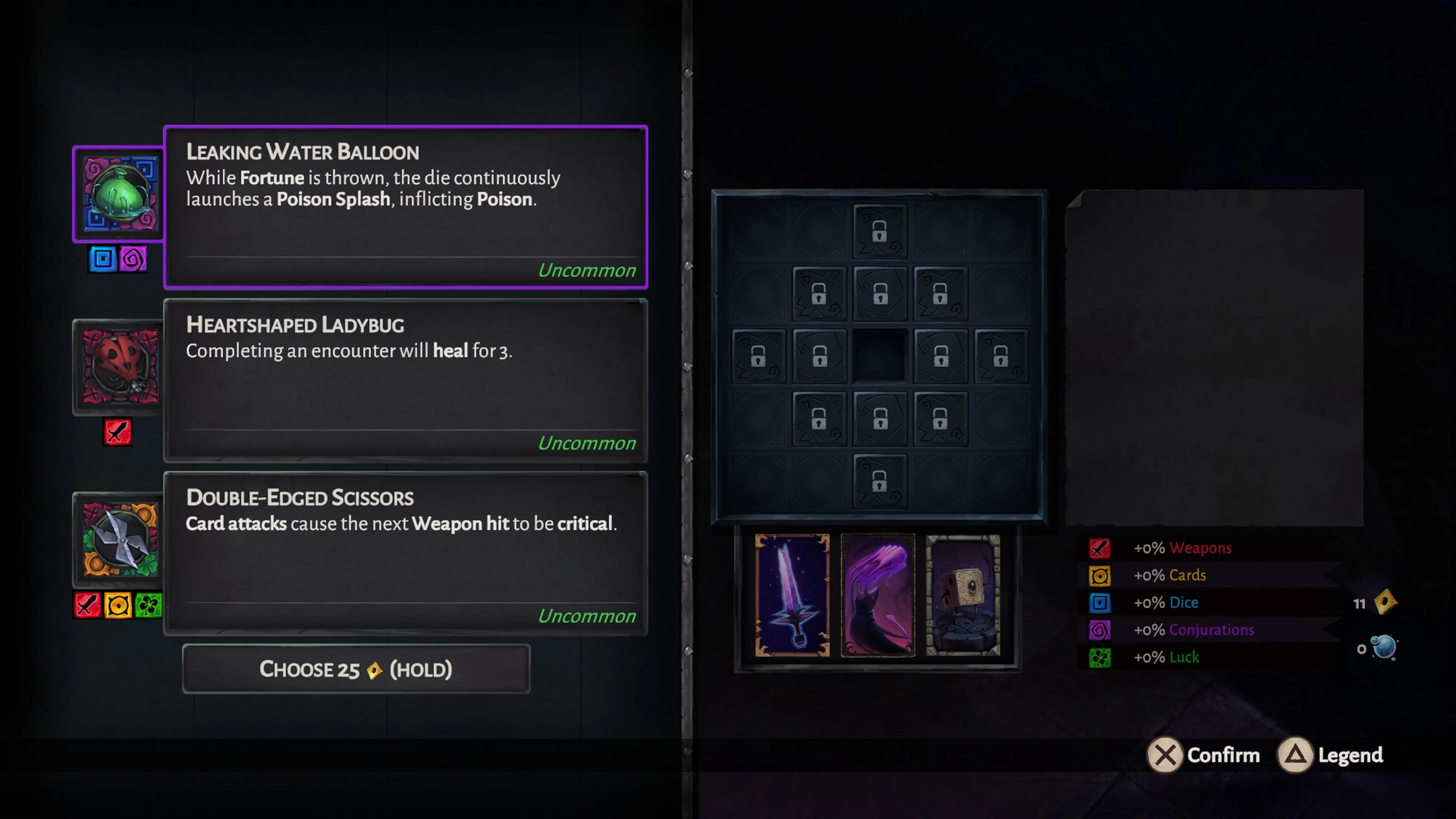 Giao diện quản lý Relics và các buff nhận được trong Lost In Random The Eternal Die.