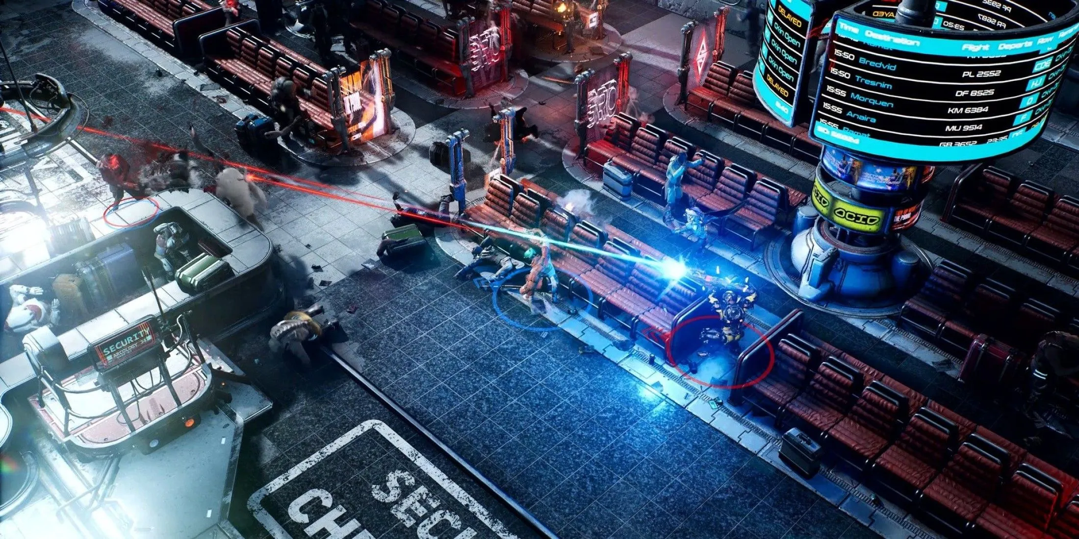 Hai người chơi cùng chiến đấu trong bối cảnh cyberpunk của The Ascent
