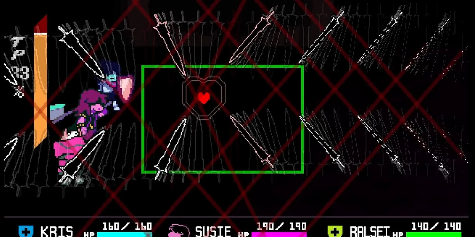 Hình ảnh cận cảnh chiêu thức &quot;Hầm Kiếm&quot; (Sword Tunnel) của boss Roaring Knight trong Deltarune Chapter 3, mô tả các thanh kiếm bay theo đường hầm gây sát thương.