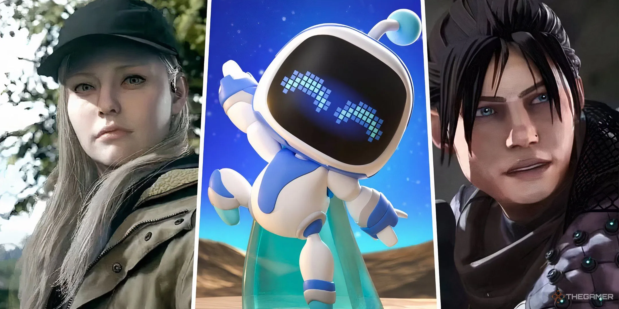 Hình ảnh chia ba: nhân vật từ Resident Evil, Astro Bot và Apex Legends, đại diện cho các thể loại game khác nhau.