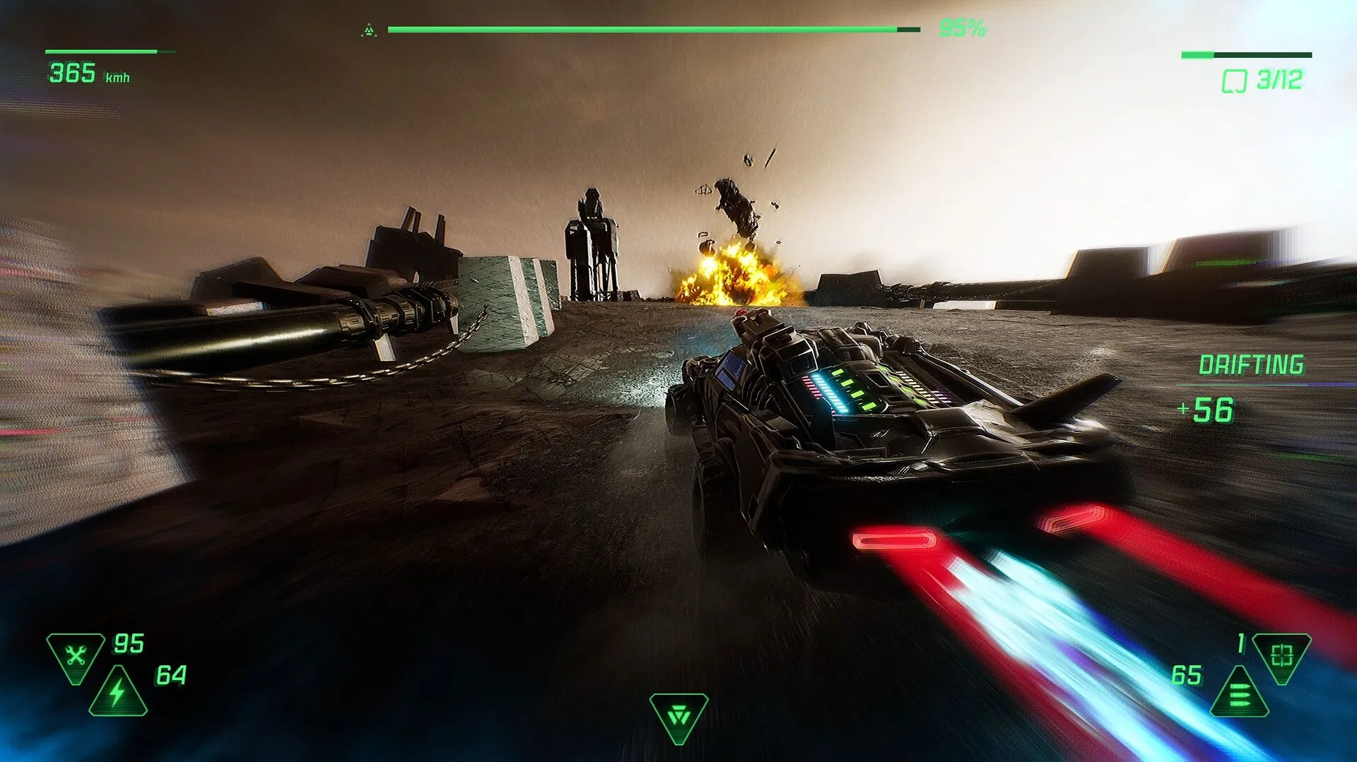 Hình ảnh gameplay game Fatal Run 2089, hiển thị chiếc xe trong bối cảnh hậu tận thế