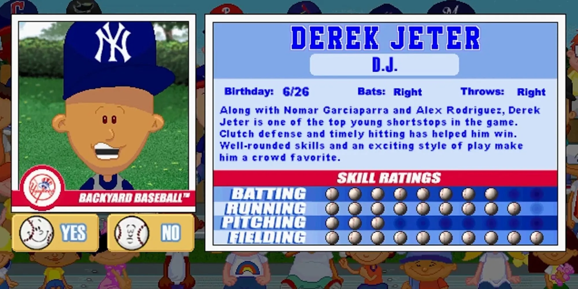 Hình ảnh nhân vật Derek Jeter trong game Backyard Baseball 2001, một huyền thoại MLB tái xuất trong bản remaster game thể thao kinh điển