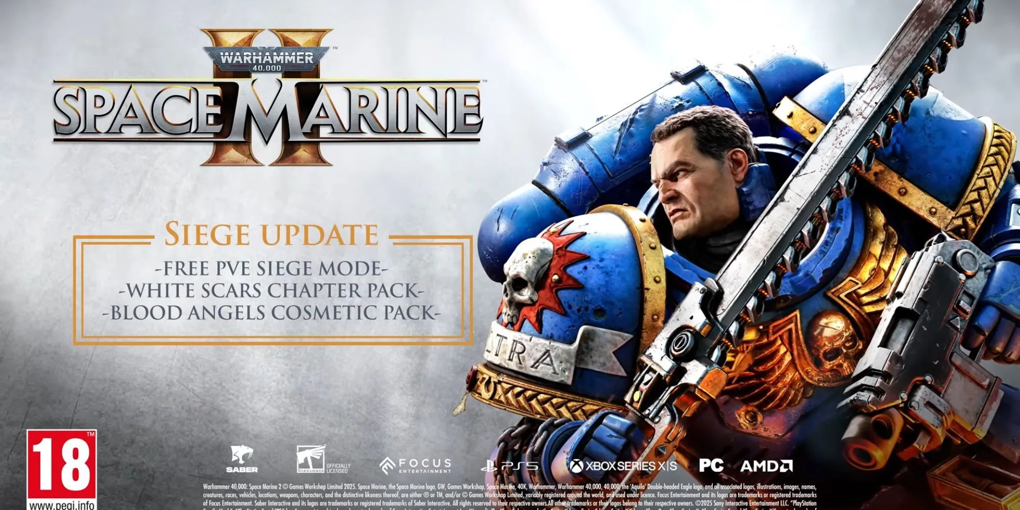 Hình ảnh thông báo bản cập nhật Siege cho Warhammer 40,000: Space Marine 2 với các Space Marine đang chiến đấu.