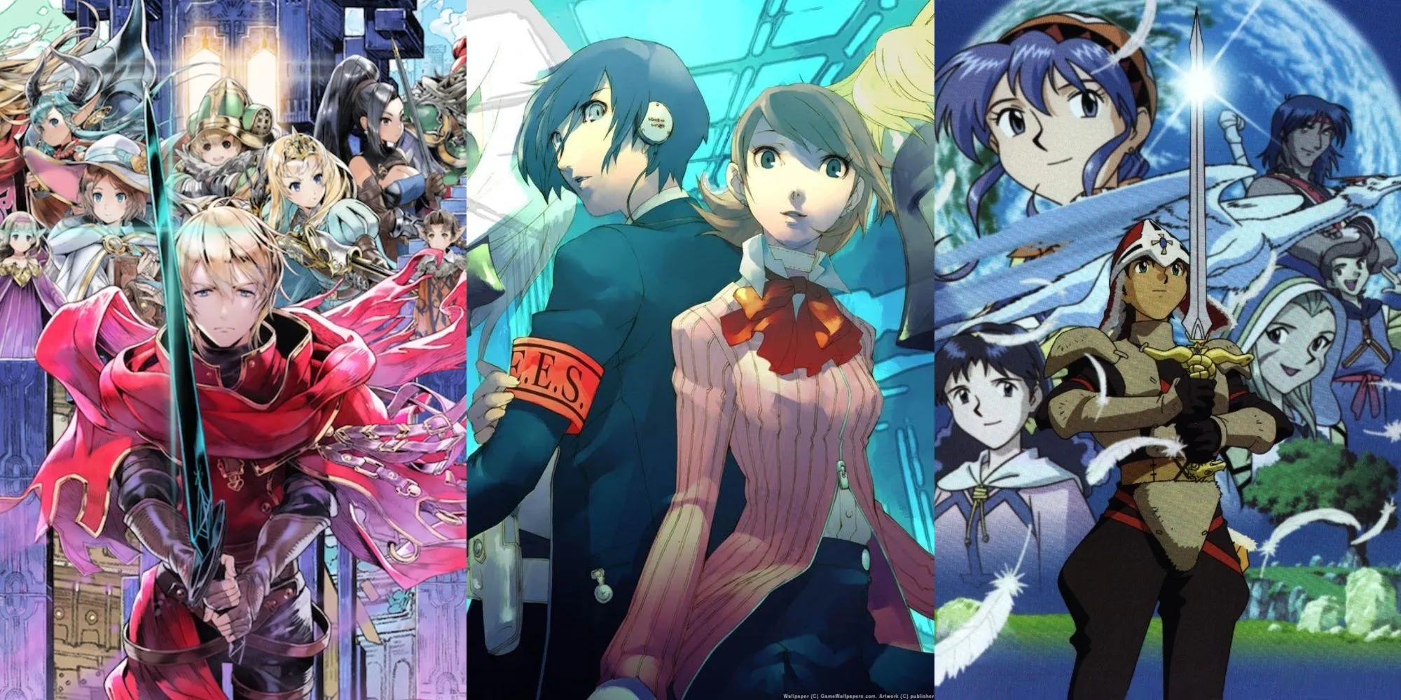 Hình ảnh tổng hợp game JRPG kinh điển như Radiant Historia, Persona 3 Reload và Lunar Silver Star Story, tượng trưng cho thời hoàng kim của thể loại