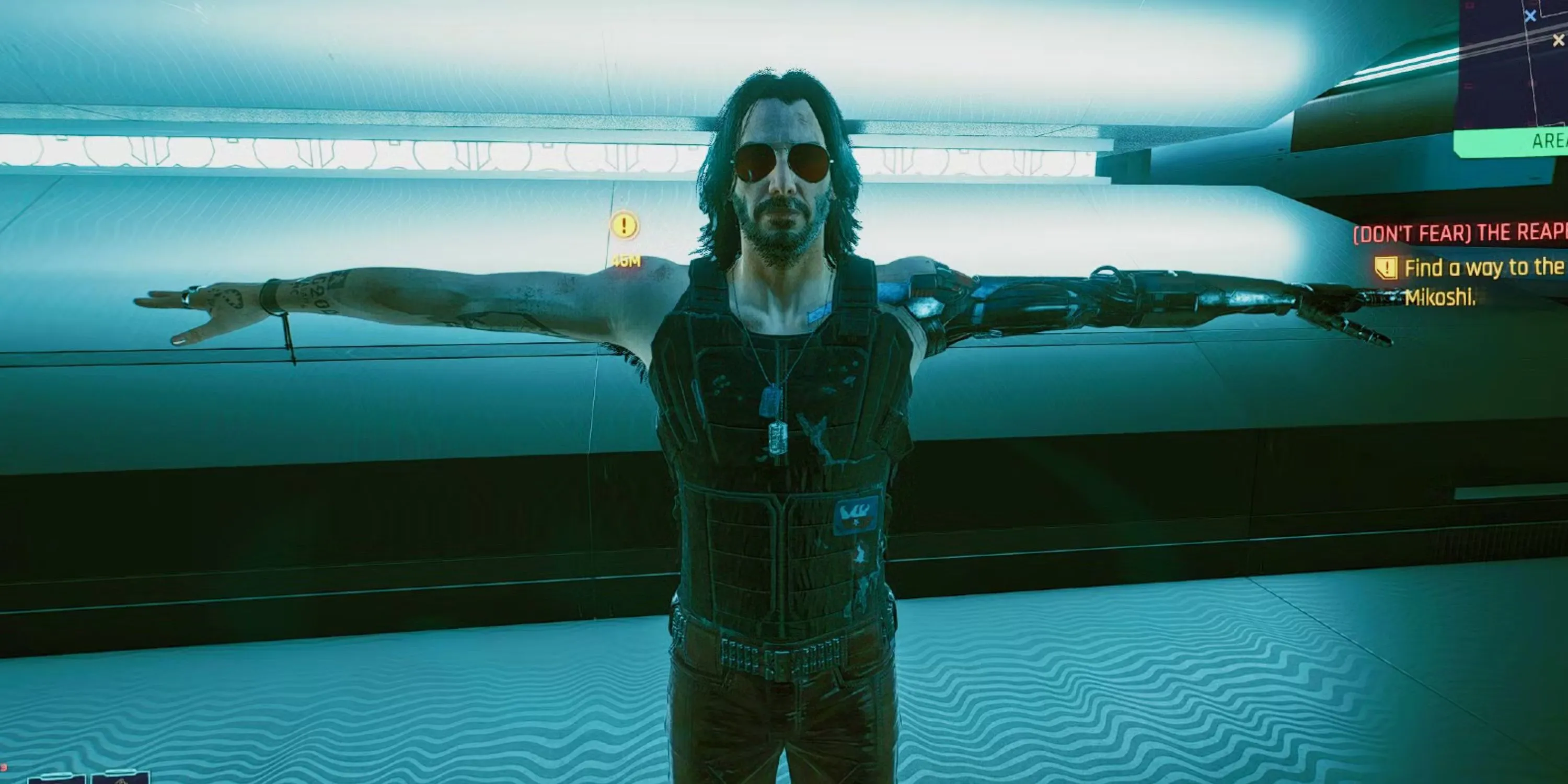 Johnny Silverhand trong Cyberpunk 2077 với tư thế T-pose, một hình ảnh thú vị trong game.