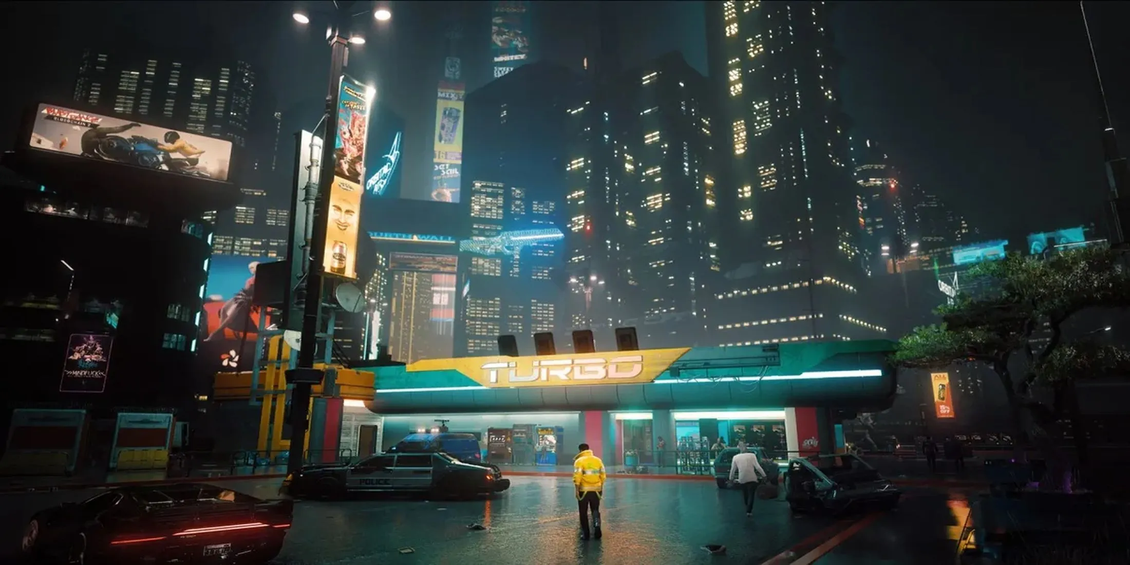 Khung cảnh rực rỡ của Night City về đêm trong Cyberpunk 2077, với ánh đèn neon đặc trưng.