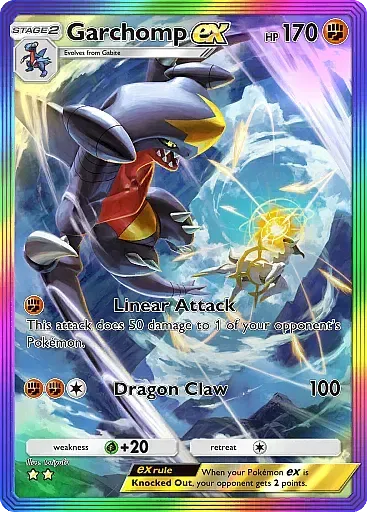 Lá bài Garchomp Ex hệ Fighting từ set Triumphant Light trong Pokemon TCG Pocket, nổi bật với khả năng tấn công đa dạng.