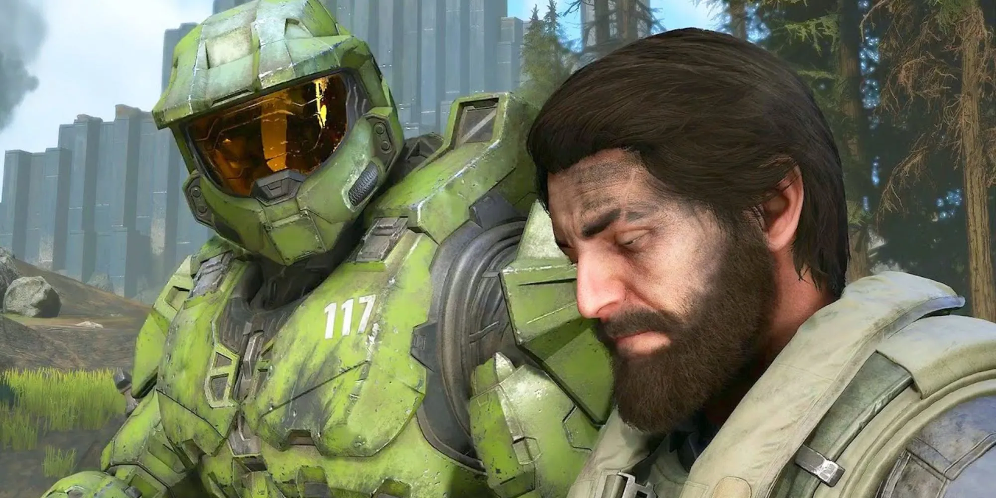 Master Chief và Fernando Esparza tương tác trong thế giới mở rộng lớn của chiến dịch Halo Infinite.
