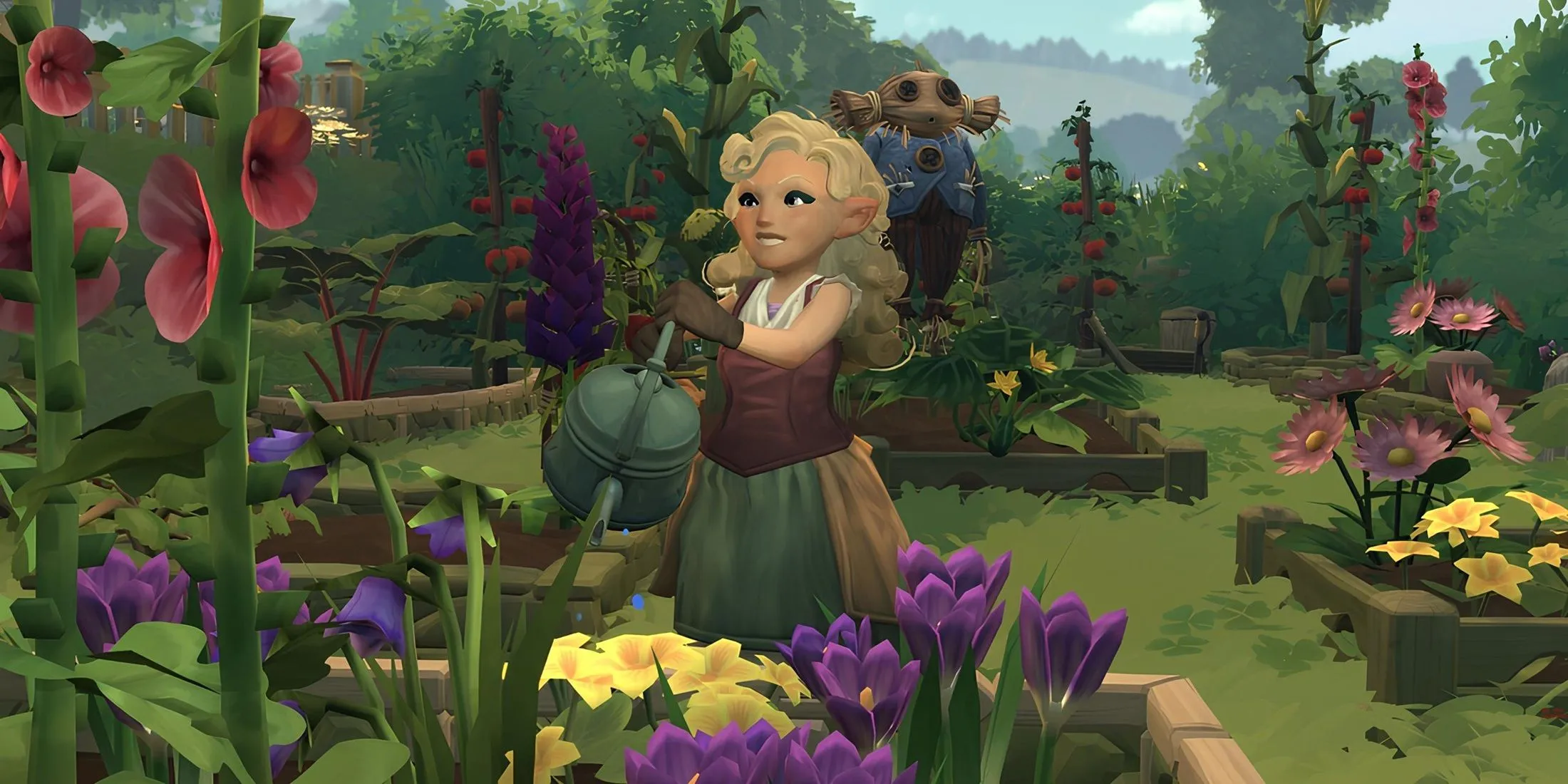 Một Hobbit đang chăm sóc vườn rau xanh mướt trong gameplay của Tales of the Shire, thể hiện hoạt động nông nghiệp thư giãn.