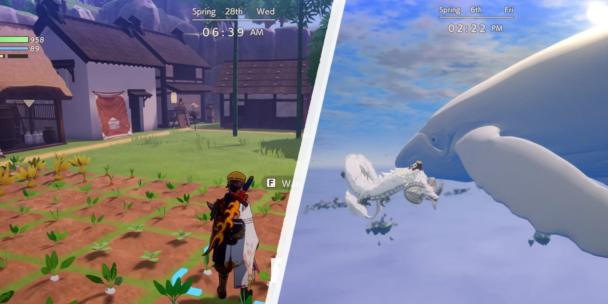 Người chơi đang xây dựng làng và bay cạnh cá voi khổng lồ trong Rune Factory Guardians of Azuma, thể hiện yếu tố xây dựng và khám phá.