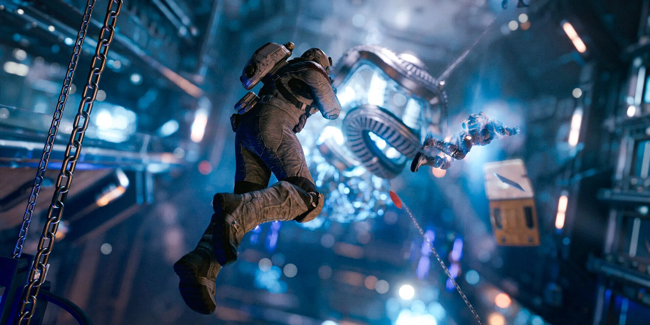 Người chơi Starfield trong DLC Shattered Space di chuyển qua hành lang không trọng lực với xác chết và thùng đồ