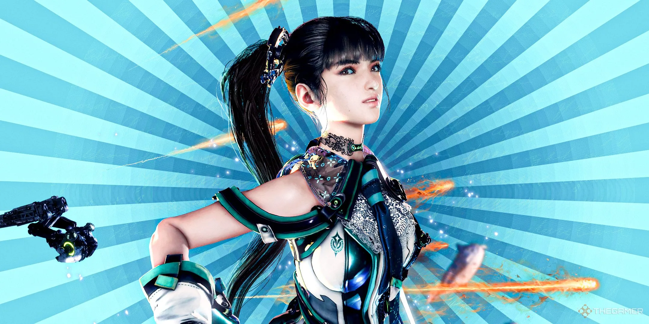 Nhân vật Eve chính trong game Stellar Blade với trang phục chiến đấu và mái tóc bạc trên nền xanh đậm.