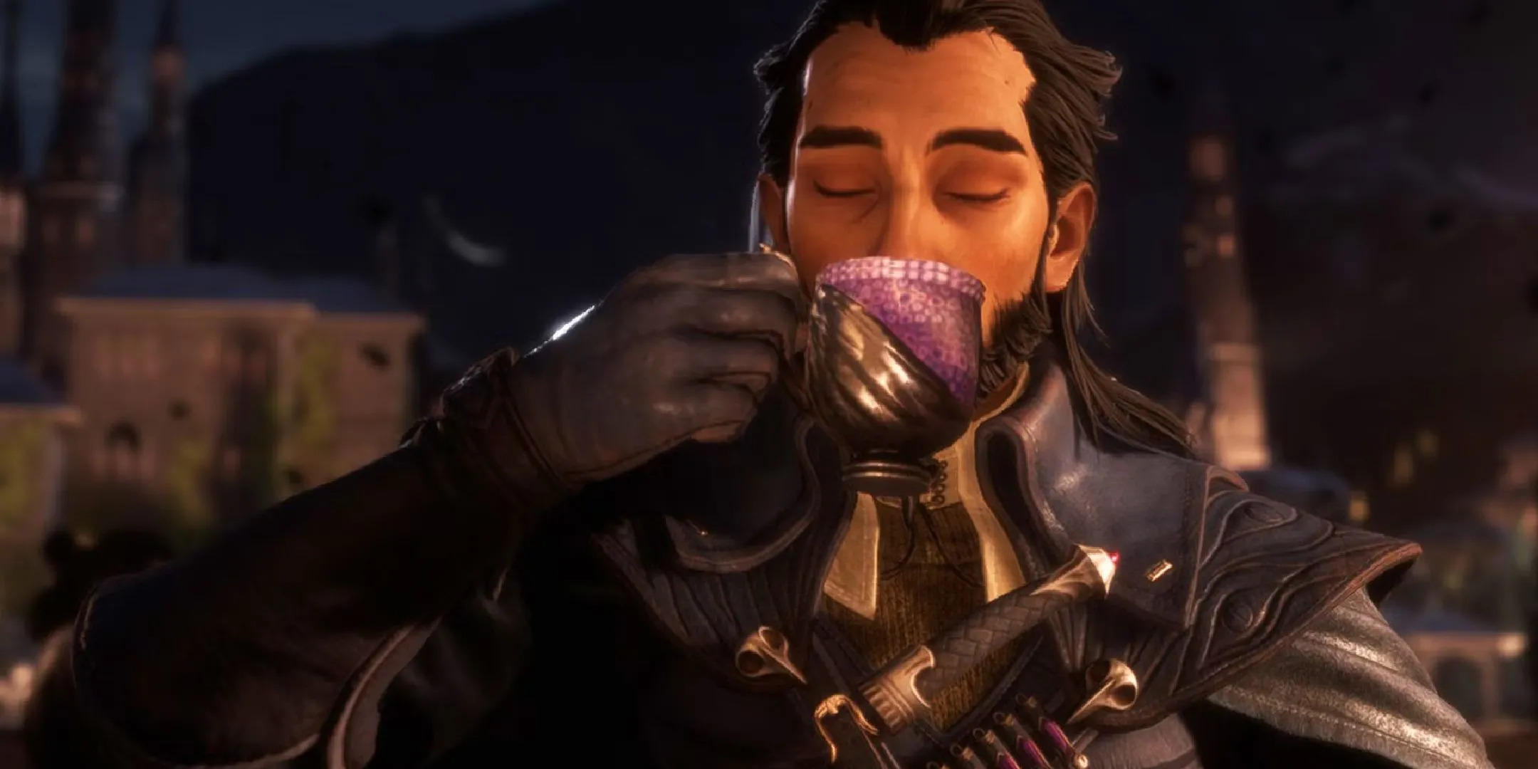 Nhân vật Lucanis trong game Dragon Age: The Veilguard đang thưởng thức một tách cà phê.