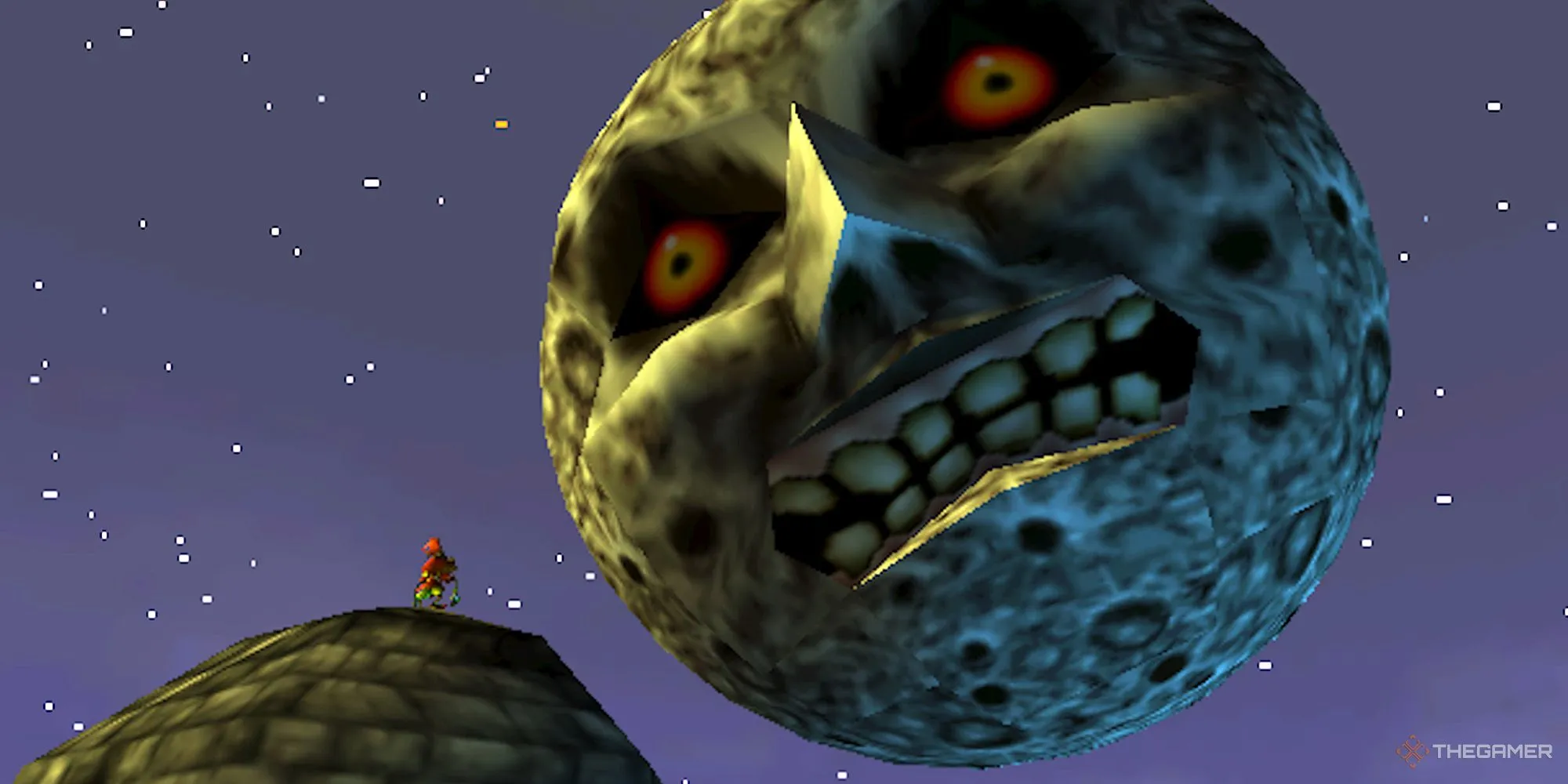 Nhân vật Skull Kid ngước nhìn mặt trăng trong Clock Town, một cảnh tượng đáng nhớ từ The Legend of Zelda: Majora's Mask.