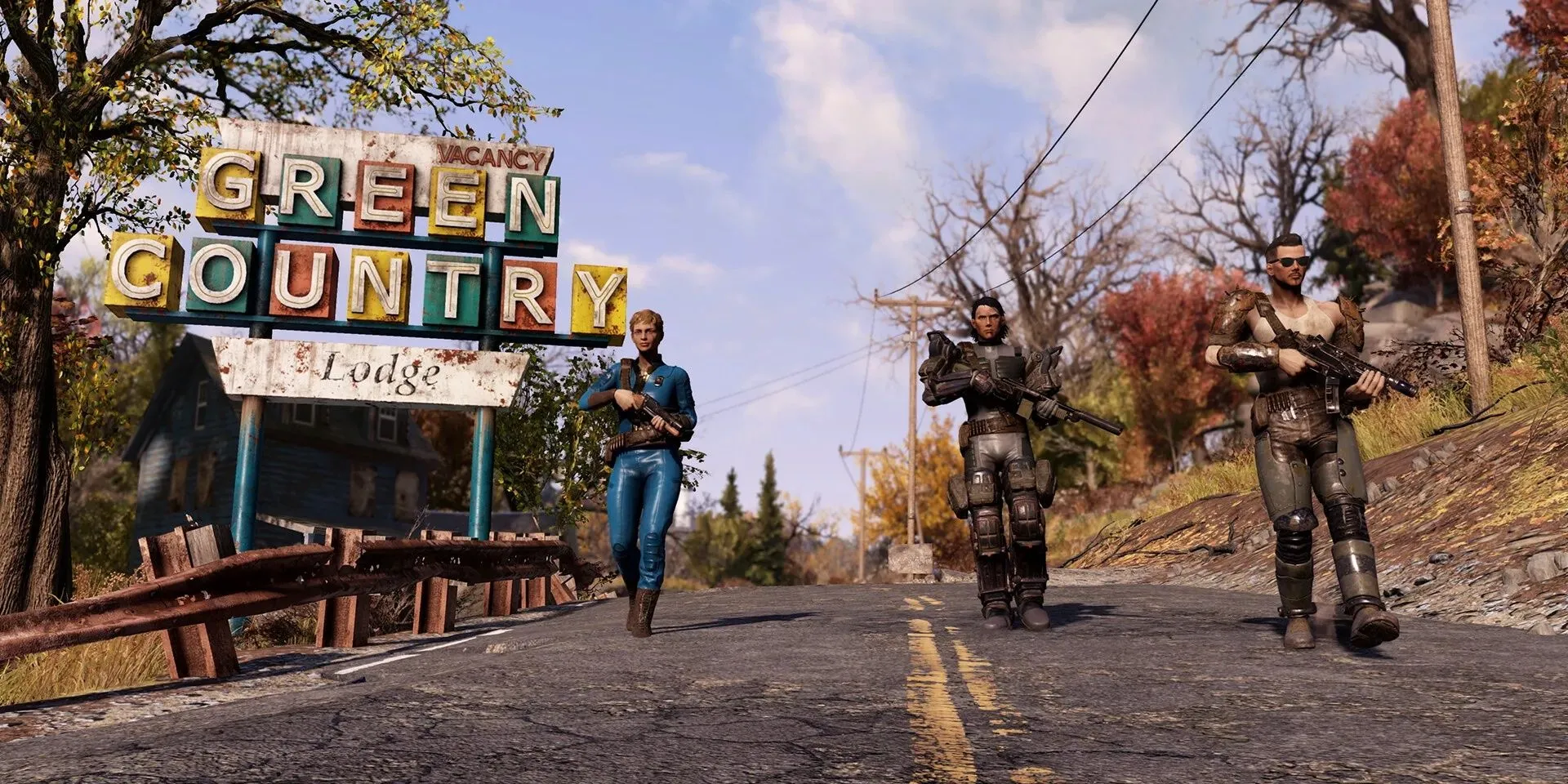 Những người chơi Fallout 76 trong các bộ trang phục đa dạng đang khám phá vùng đất hoang tàn