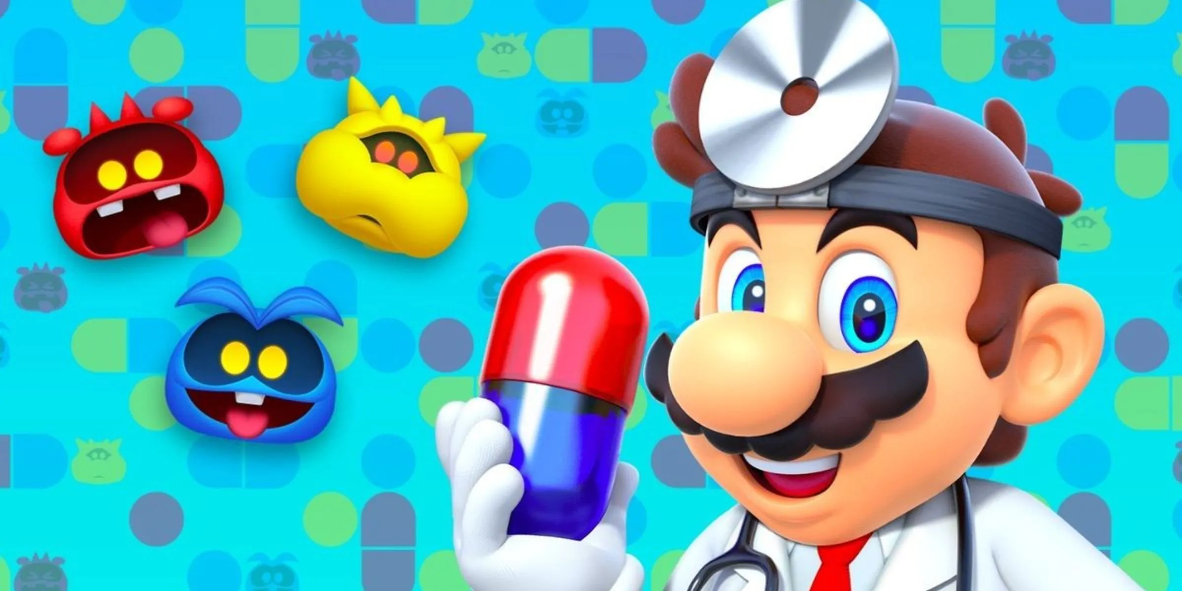 Tiến sĩ Mario đang cầm một viên Mega Vitamin, bên cạnh là ba loại virus quen thuộc từ game Dr. Mario World.