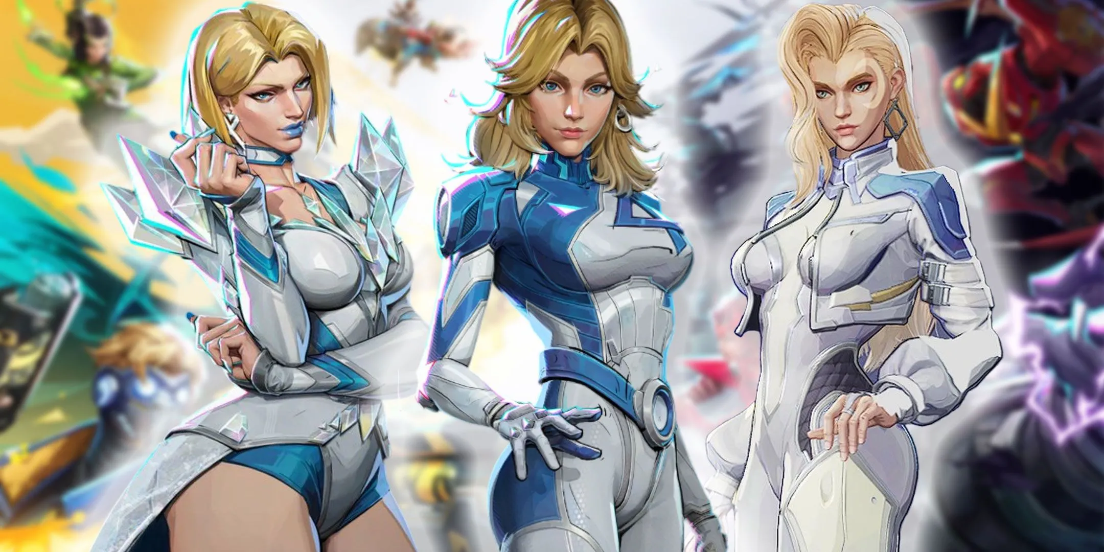 Tổng hợp các skin nhân vật nữ quyến rũ trong Marvel Rivals: Emma Frost, Invisible Woman, Dagger và Sue Storm.
