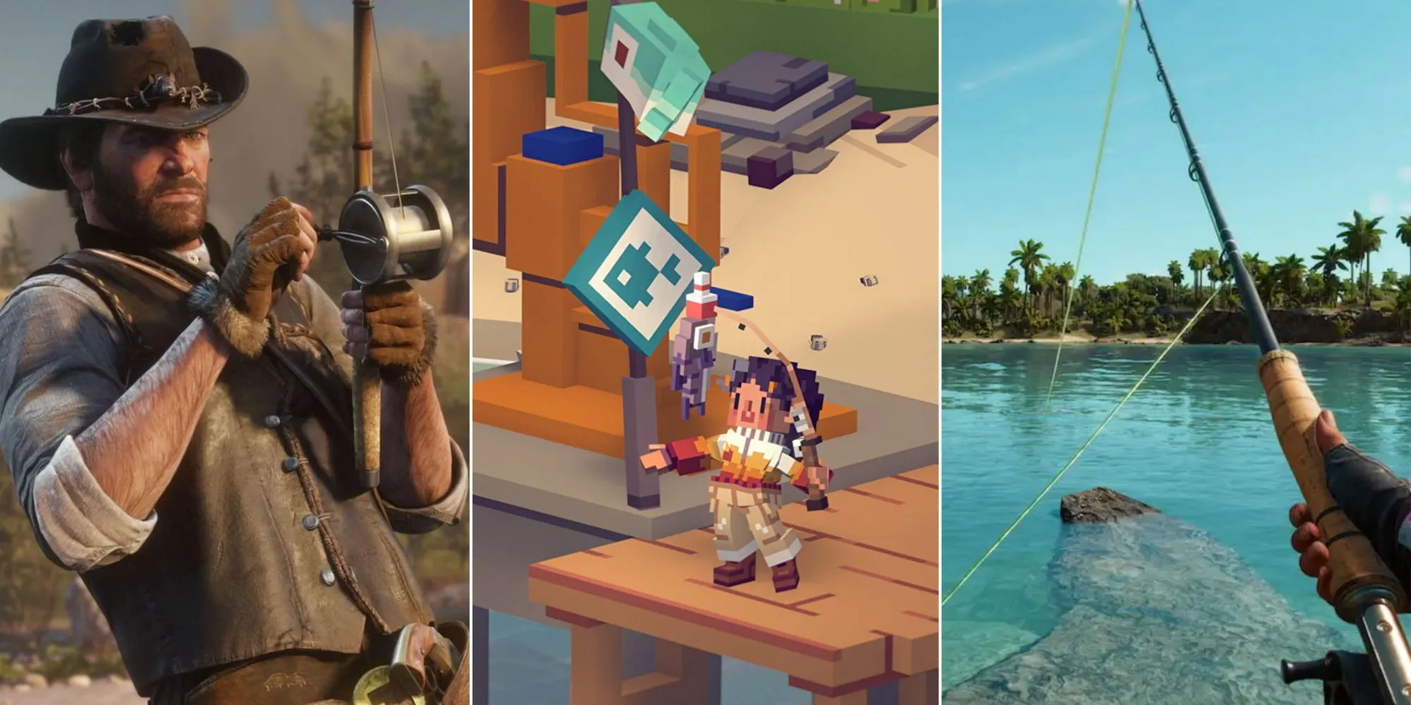 Tổng hợp cảnh câu cá trong các tựa game nổi tiếng như Red Dead Redemption 2, Moonglow Bay và Far Cry 6.