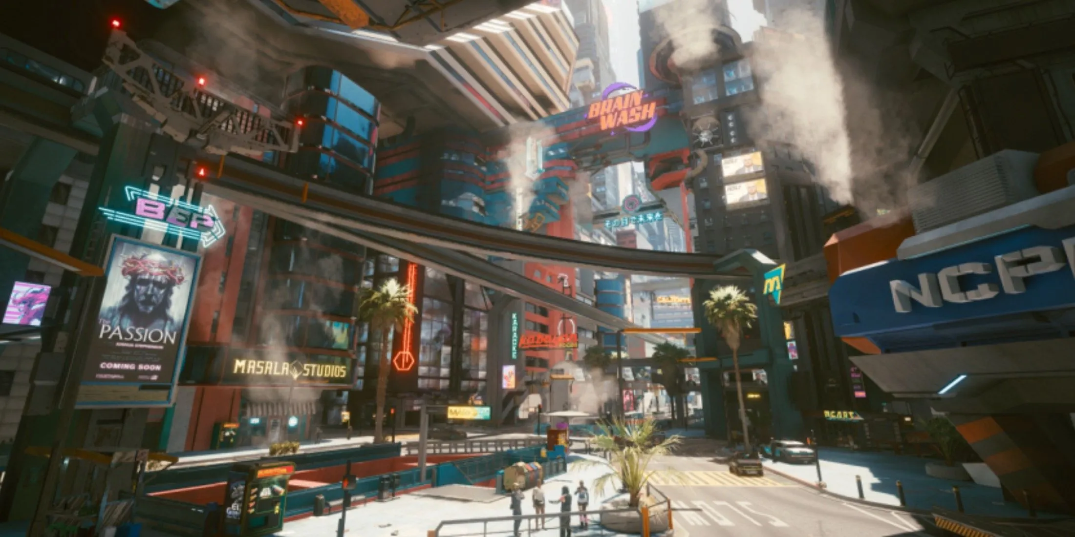Xe cảnh sát NCPD trên đường phố Night City đầy neon, biểu tượng của sự hỗn loạn trong Cyberpunk 2077.