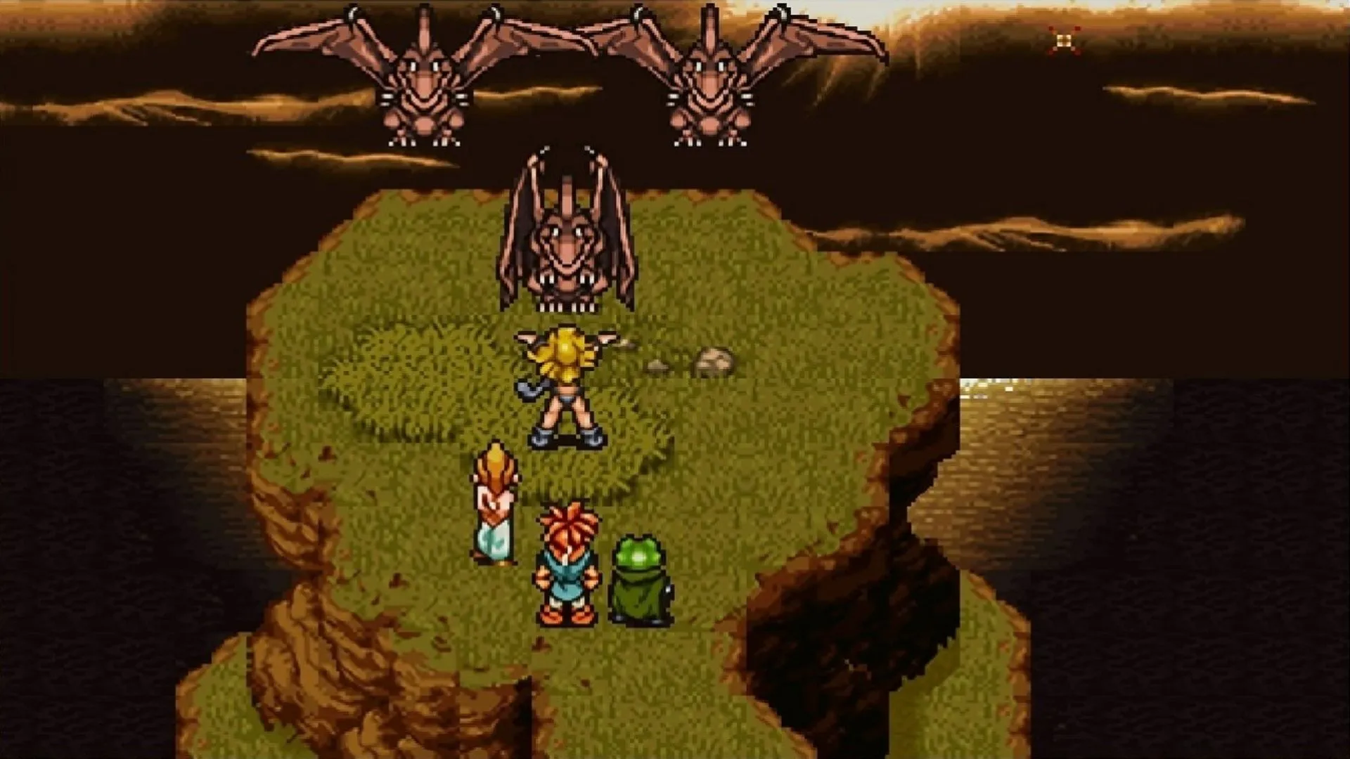 Ba nhân vật chính của Chrono Trigger - Crono, Marle và Lucca - đứng cùng nhau, thể hiện phong cách nghệ thuật kinh điển.