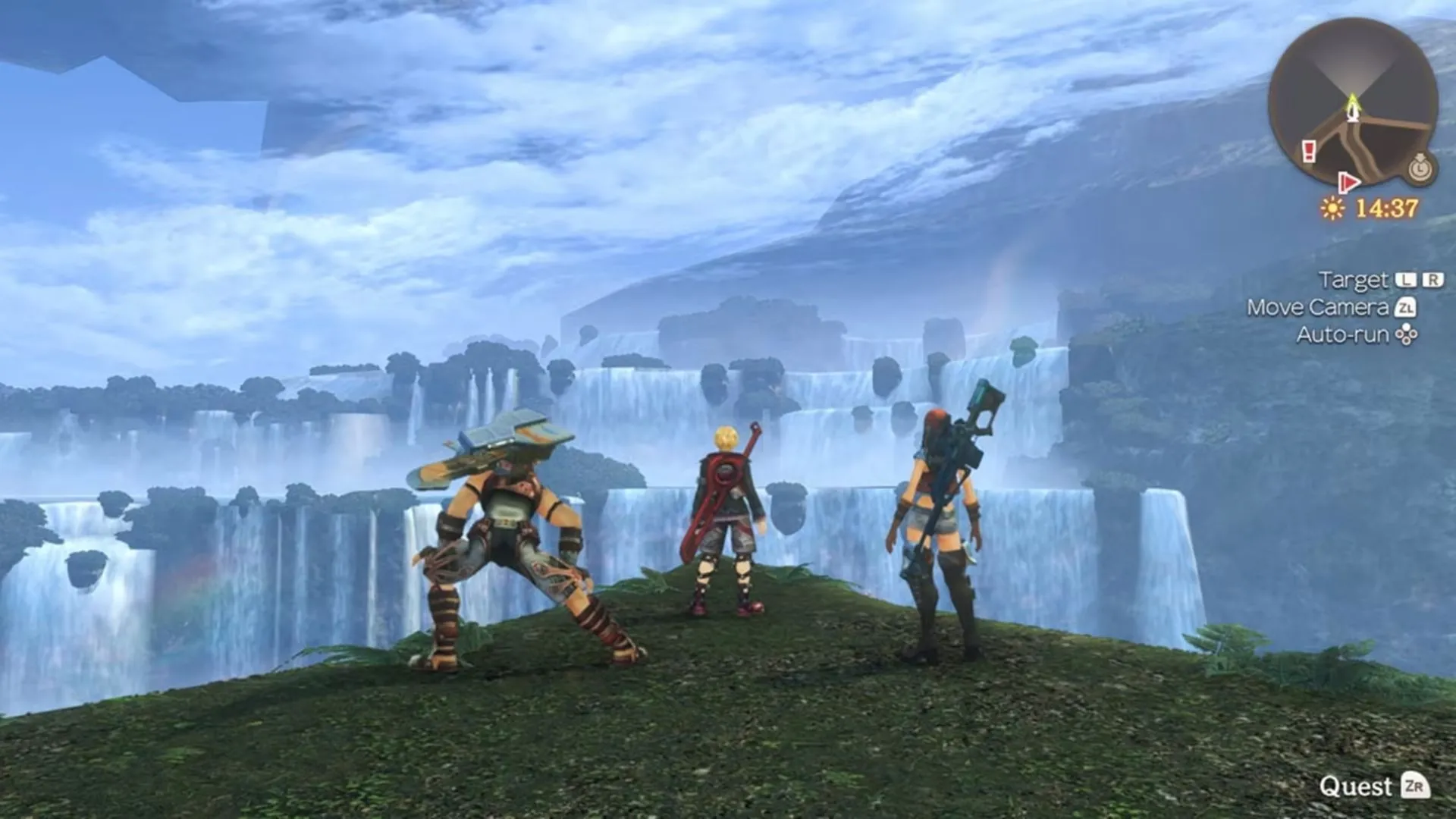 Cảnh chiến đấu hoành tráng trong Xenoblade Chronicles với các nhân vật sử dụng kỹ năng đặc biệt trong môi trường rộng lớn.