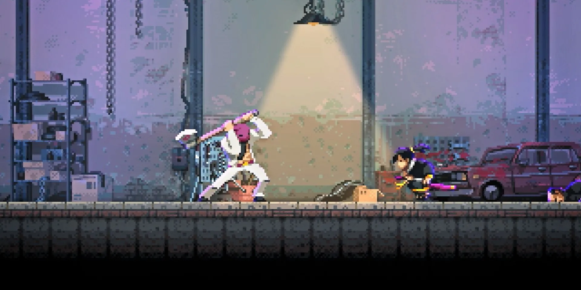 Cảnh chiến đấu tốc độ cao, phong cách pixel art ấn tượng trong Katana ZERO.